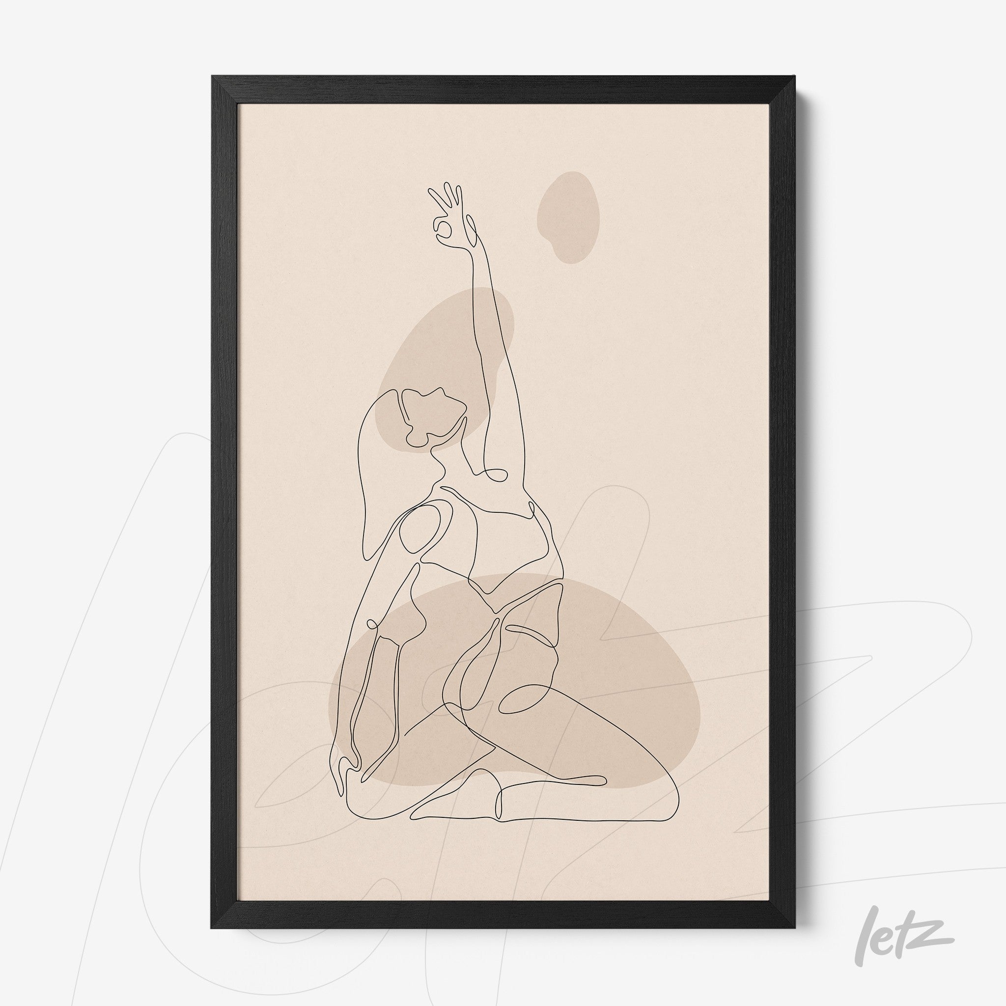 poster featuring a line drawing of a female figure in a yoga pose with a black frame