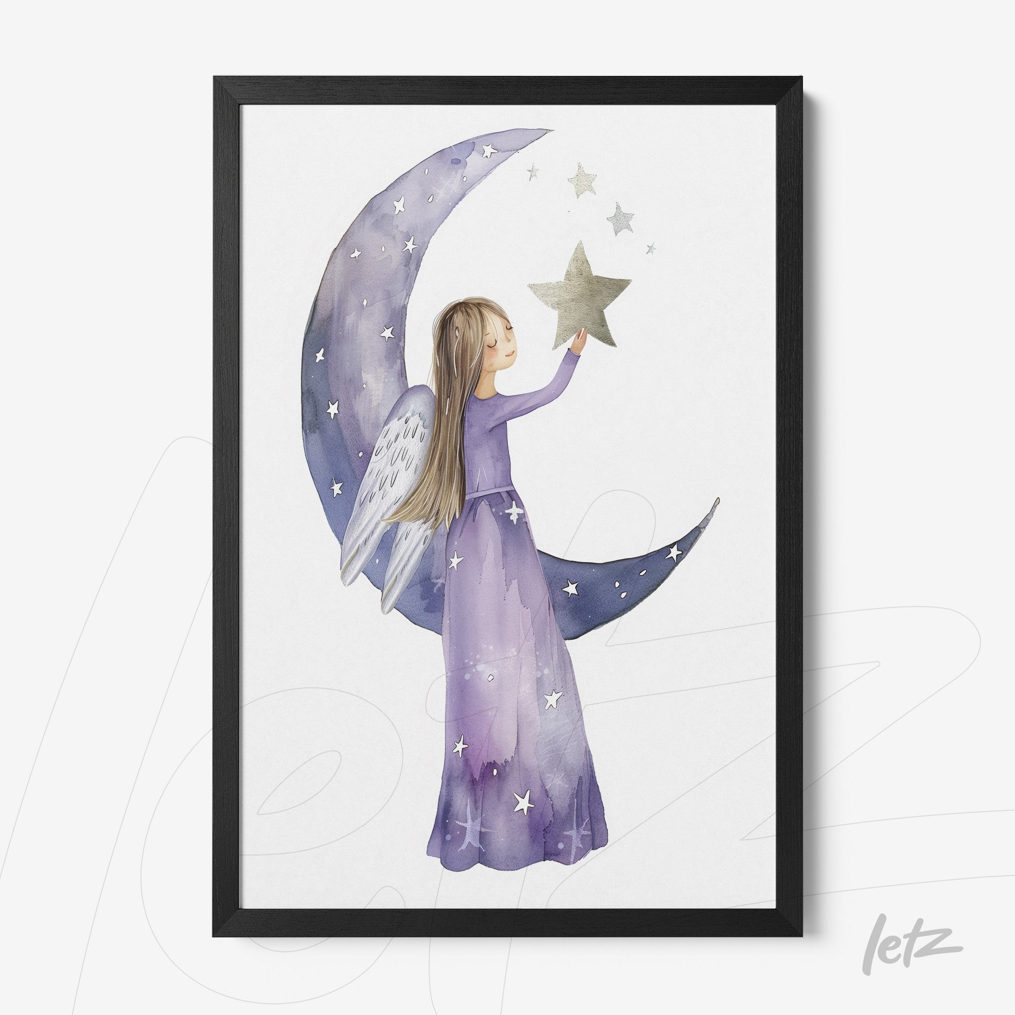 framed illustration of a girl with wings holding a star surrounded by a crescent moon and stars