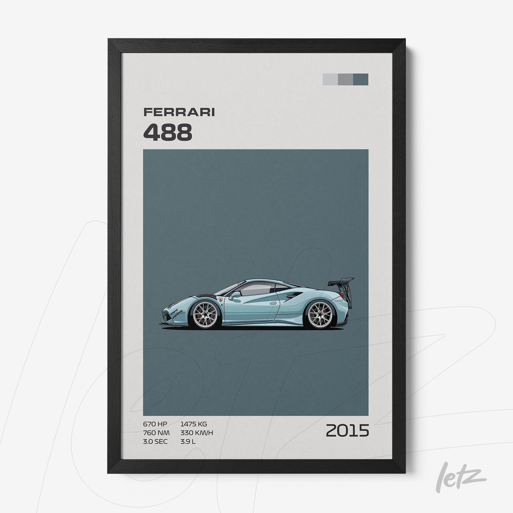 framed artwork featuring a minimalist illustration of a ferrari 488 sports car with black frame