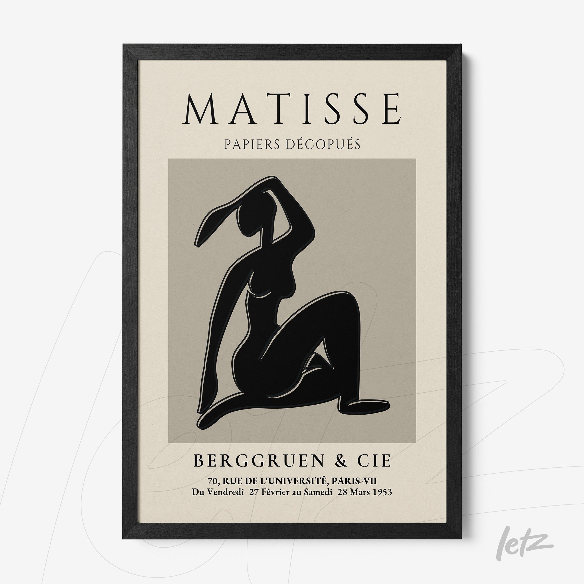 framed vintage style artwork featuring a minimalist female figure on a neutral background with black frame