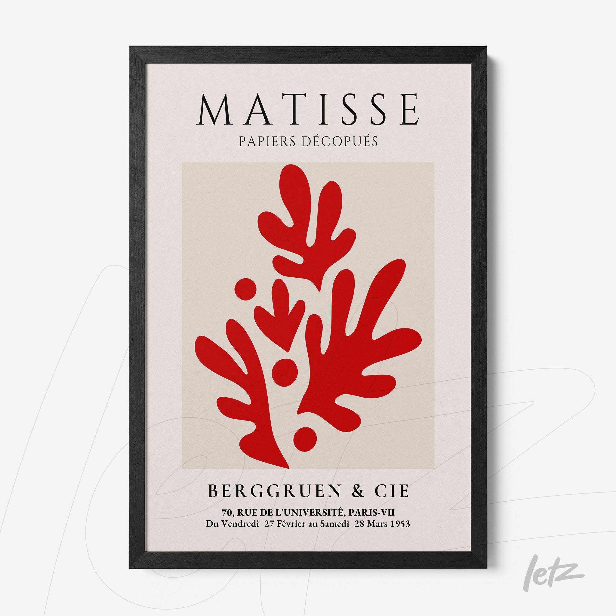 framed modern art featuring red abstract shapes on light background with stylish typography