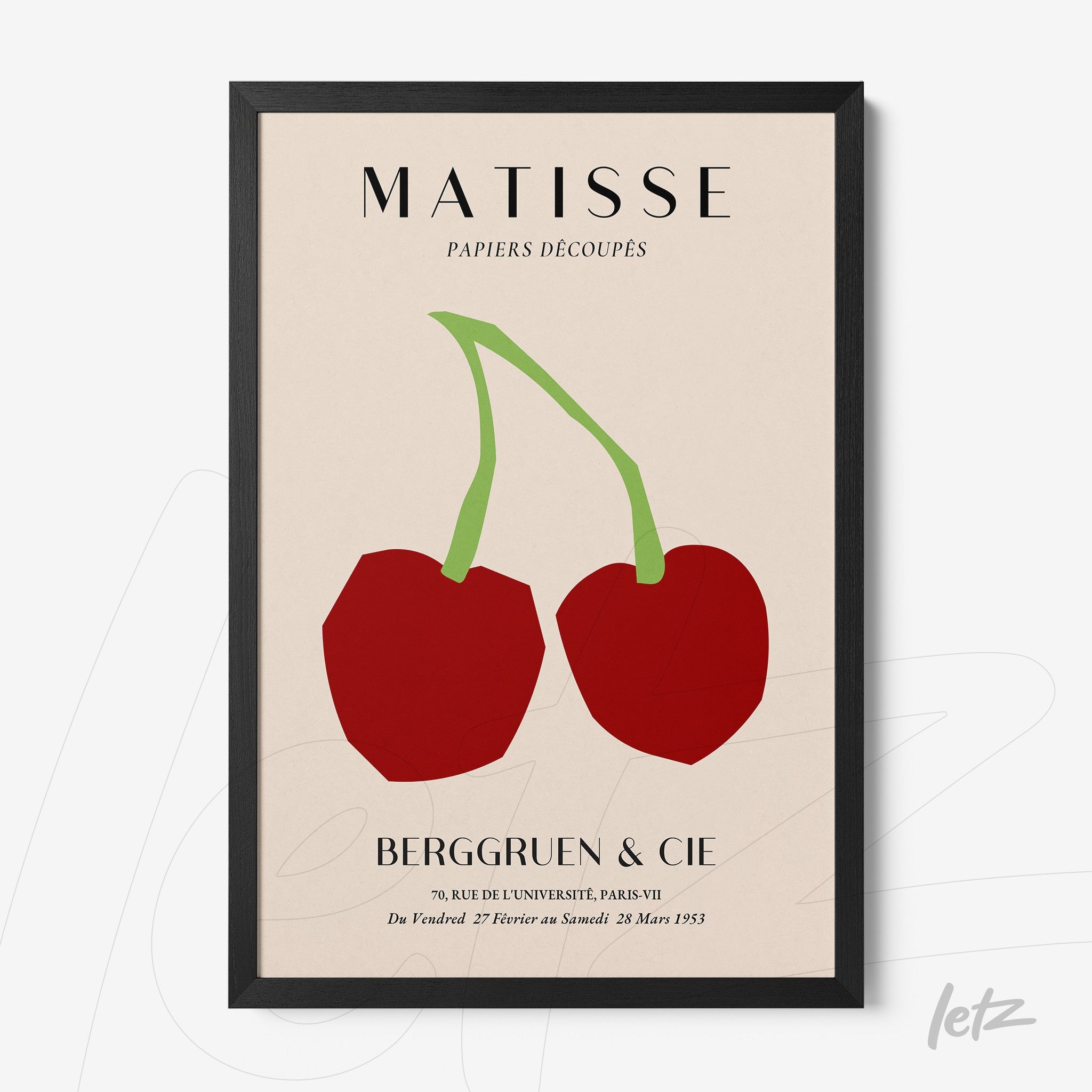 framed modern art print featuring two red cherries on a light background