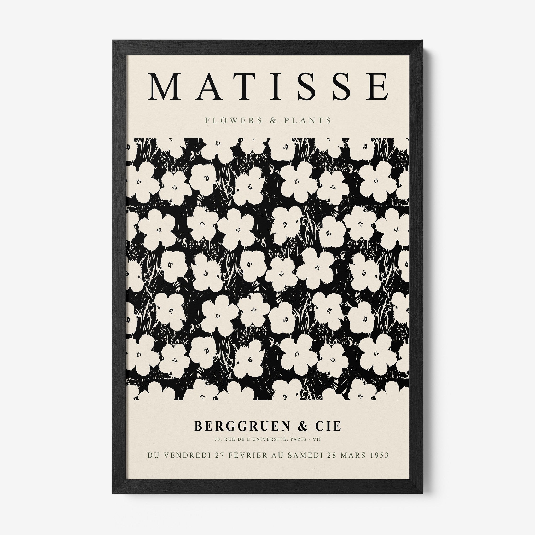 framed vintage style artwork featuring white flowers on a black background with a simple black frame