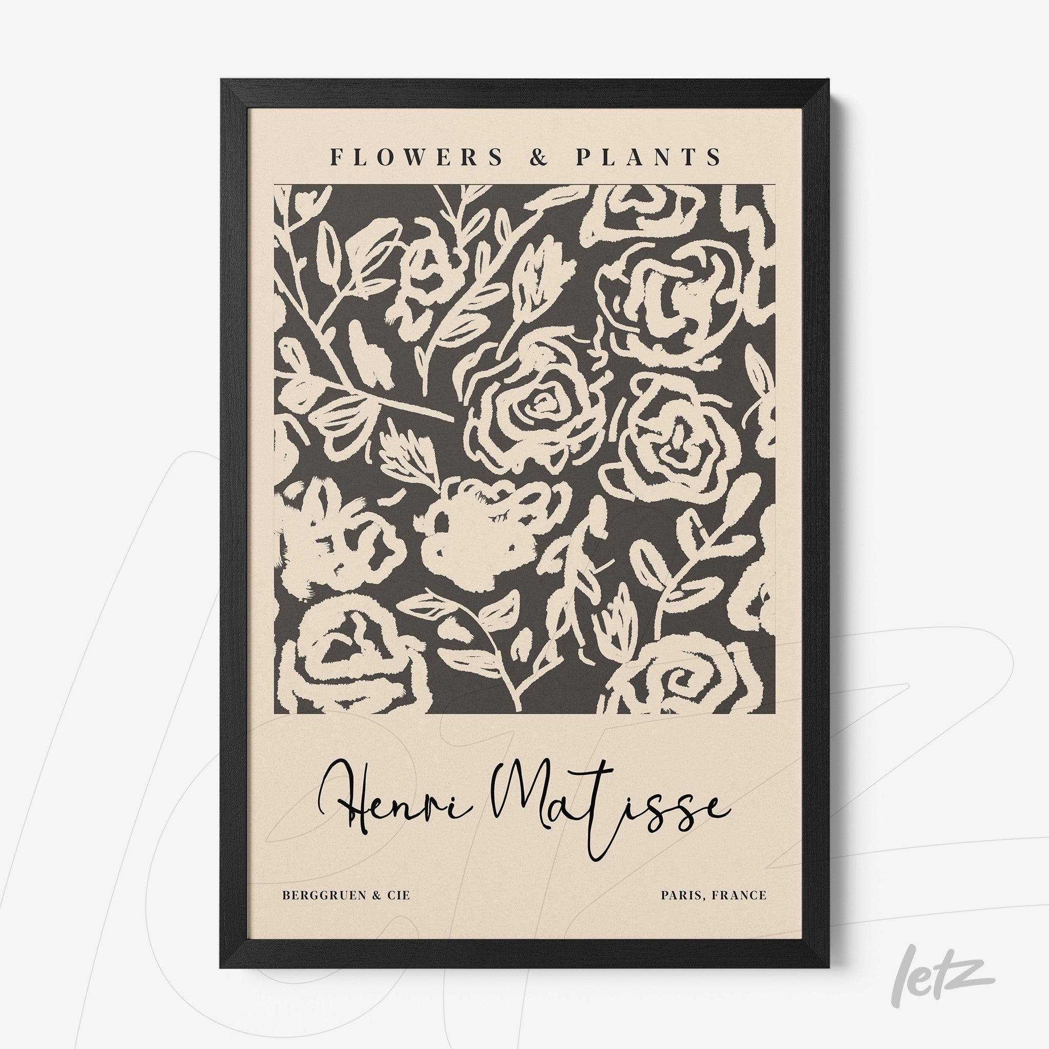 framed wall art featuring a stylized floral design on cream background with black frame highlighting rose outlines and text of Henri Matisse