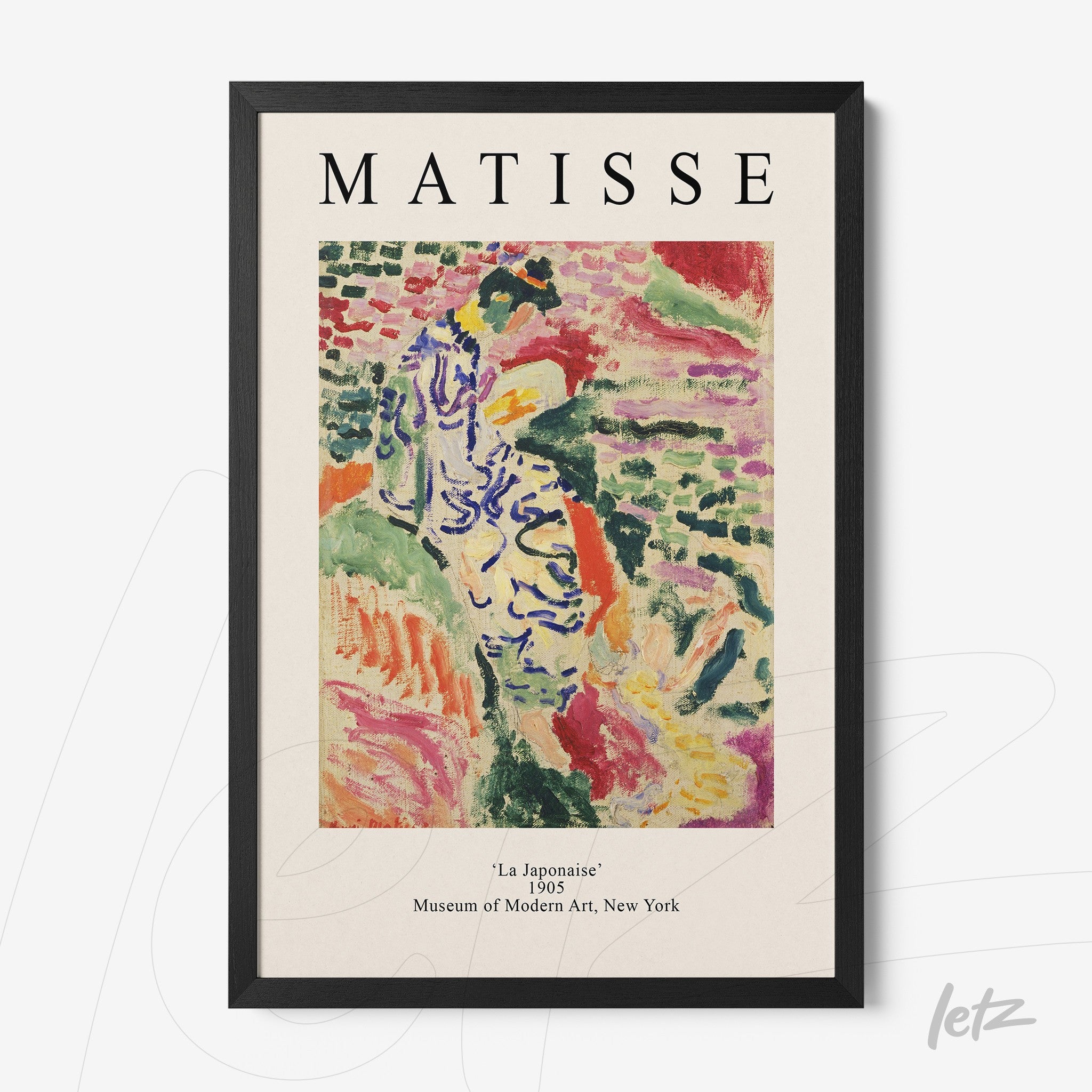 decorative wall art featuring abstract painting by Matisse titled 'La Japonaisse' in black frame