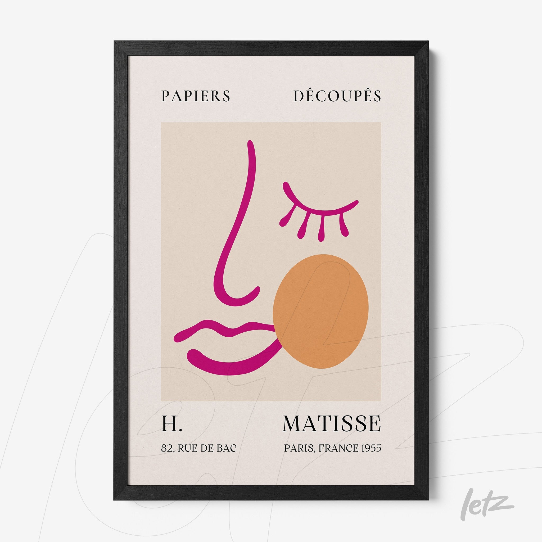 framed art print inspired by henri matisse featuring pink and orange lines on a neutral background with black frame