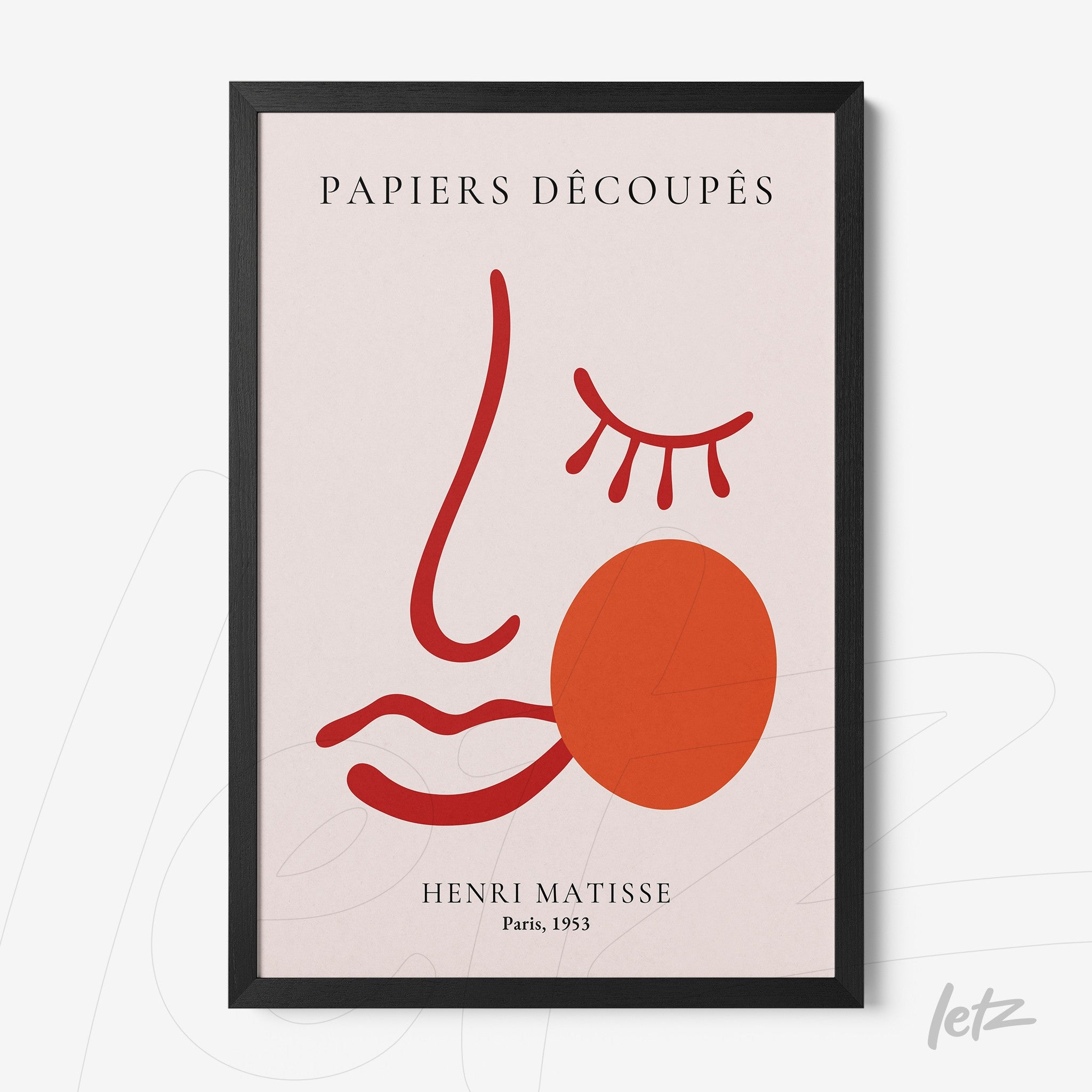 framed abstract art of a stylized face in black frame featuring red elements on a light background