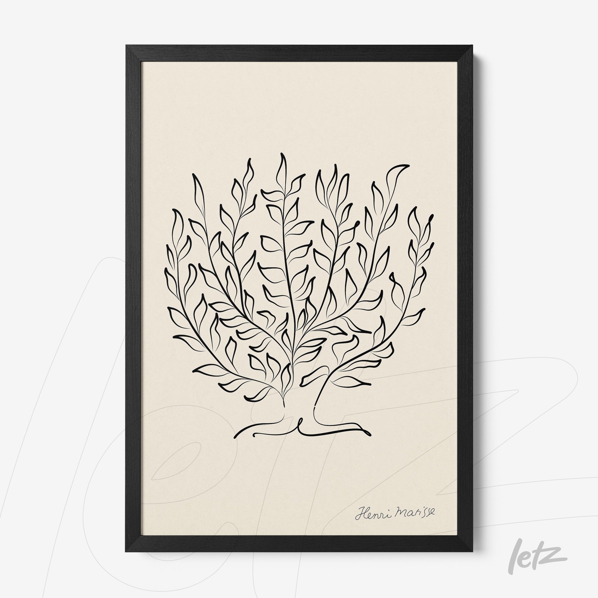 framed artwork featuring minimalist black line drawing of leaves on light background with black frame