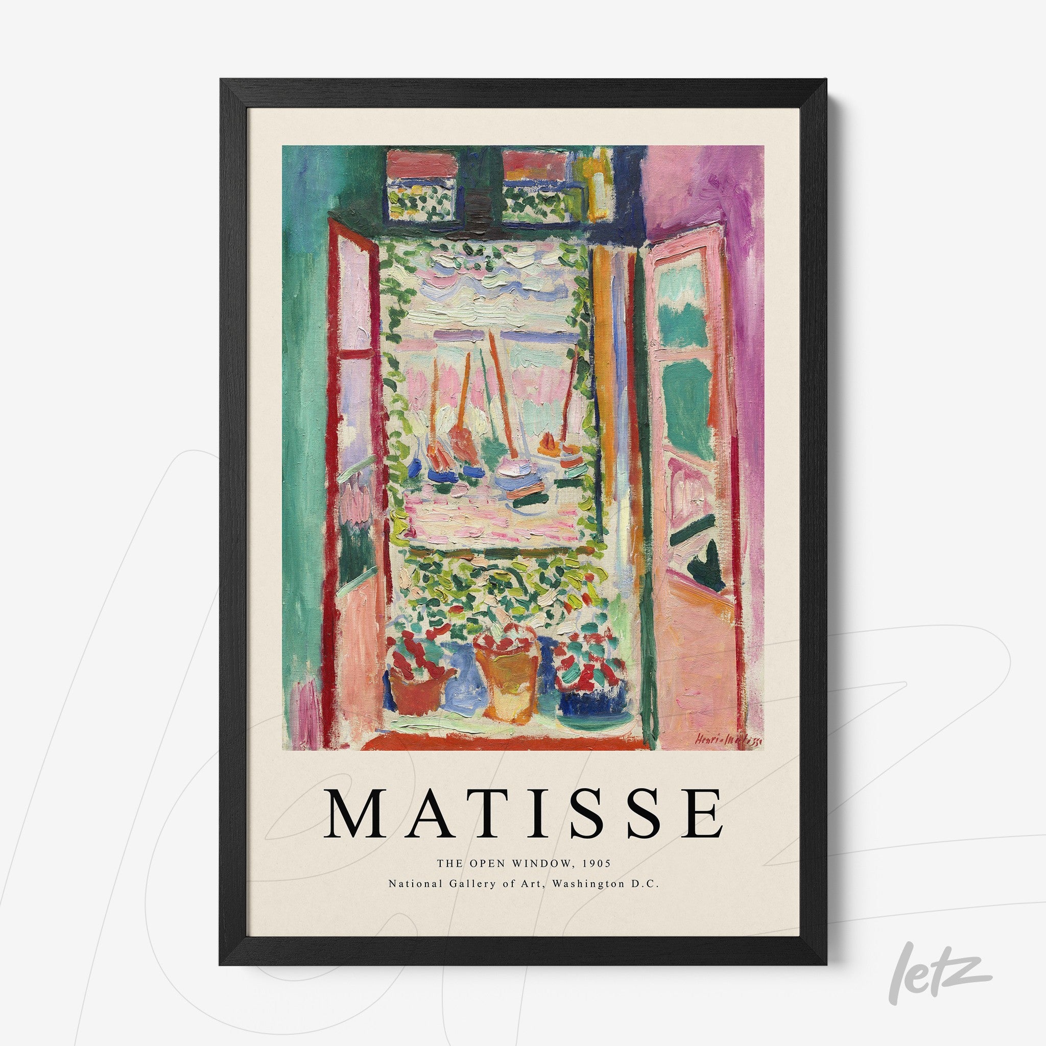 framed art print of Matisse's 'The Open Window' featuring a vibrant view of nature with contemporary black frame