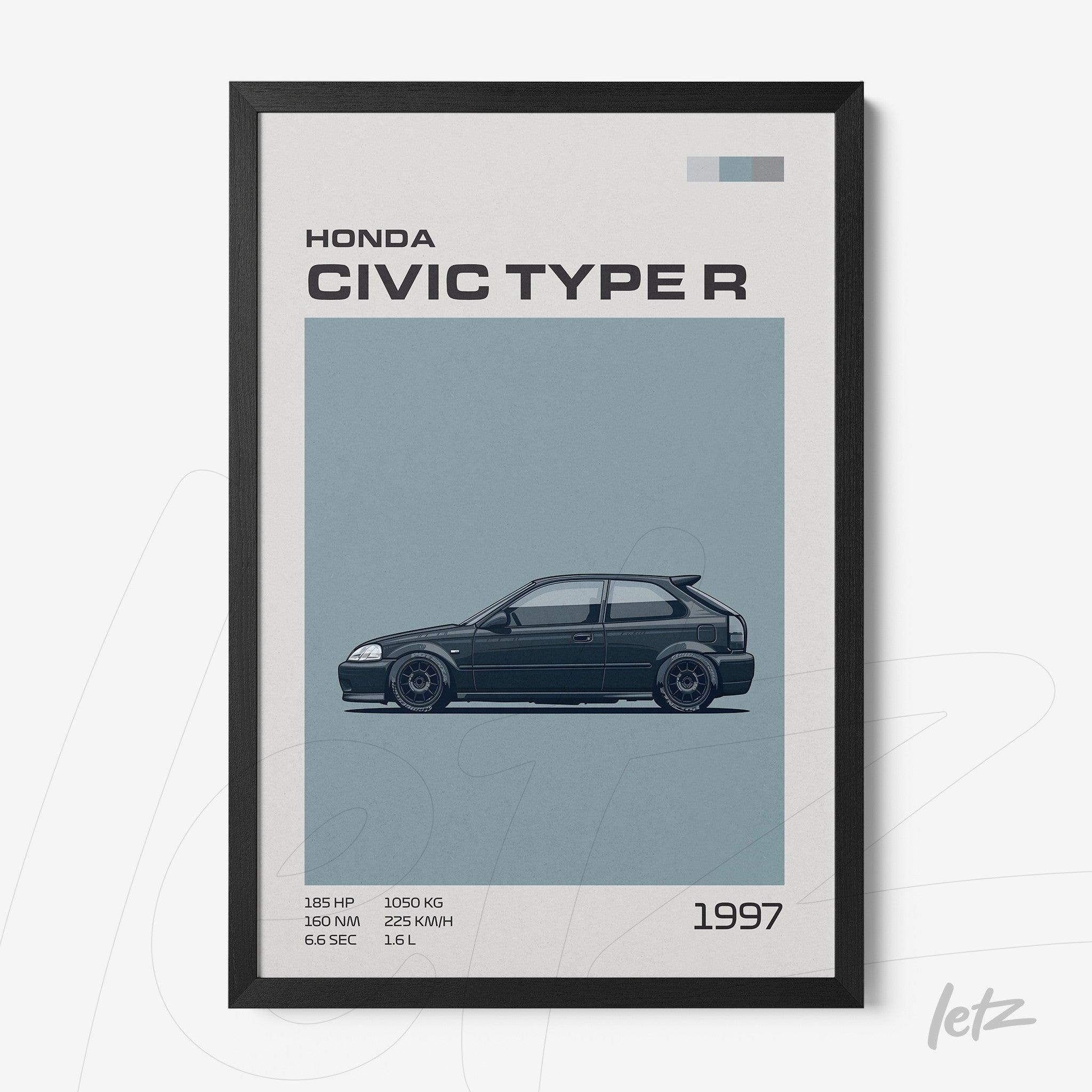framed wall art featuring 1997 Honda Civic Type R illustration with black frame against light blue background