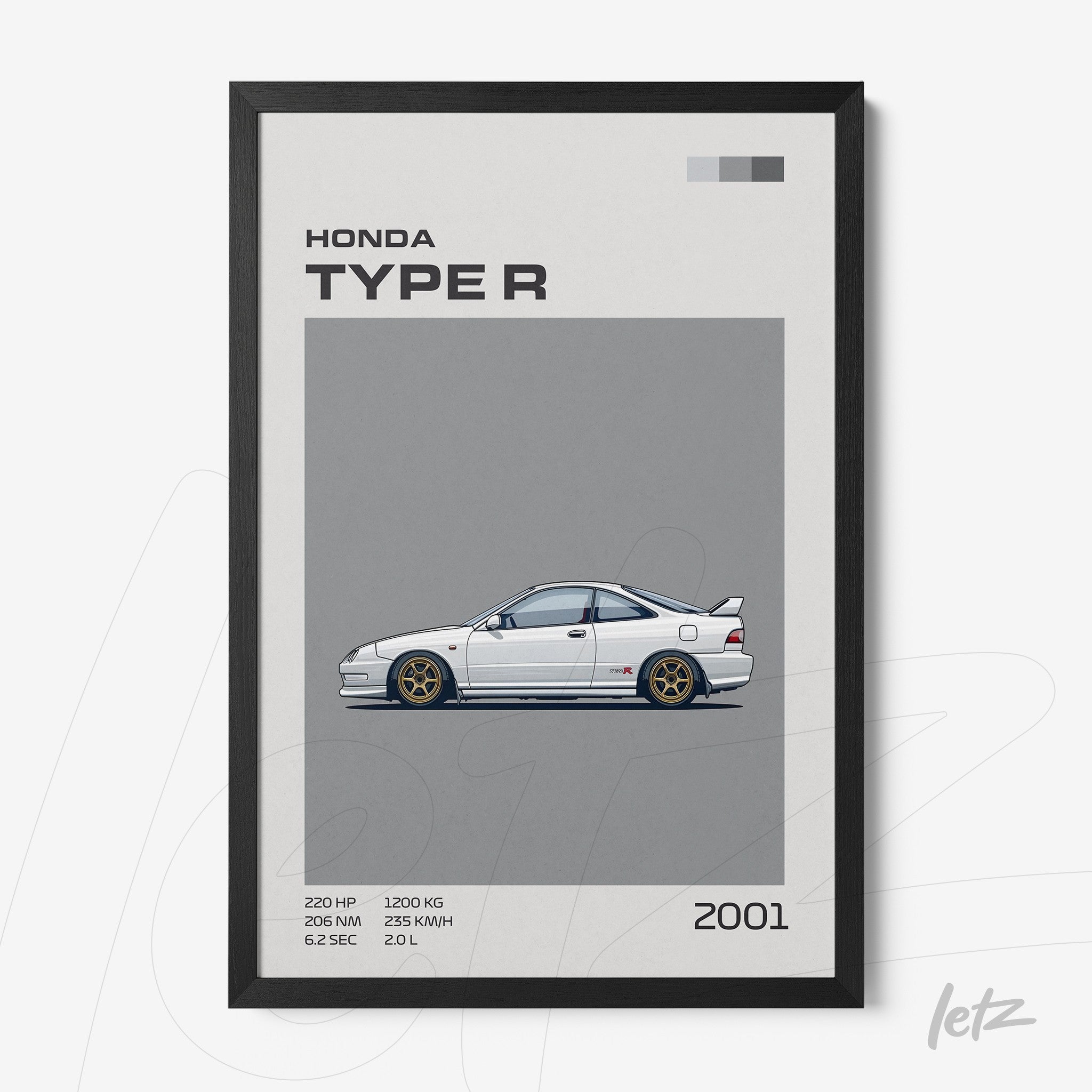 framed art print of 2001 Honda Type R illustration with black frame and gray background