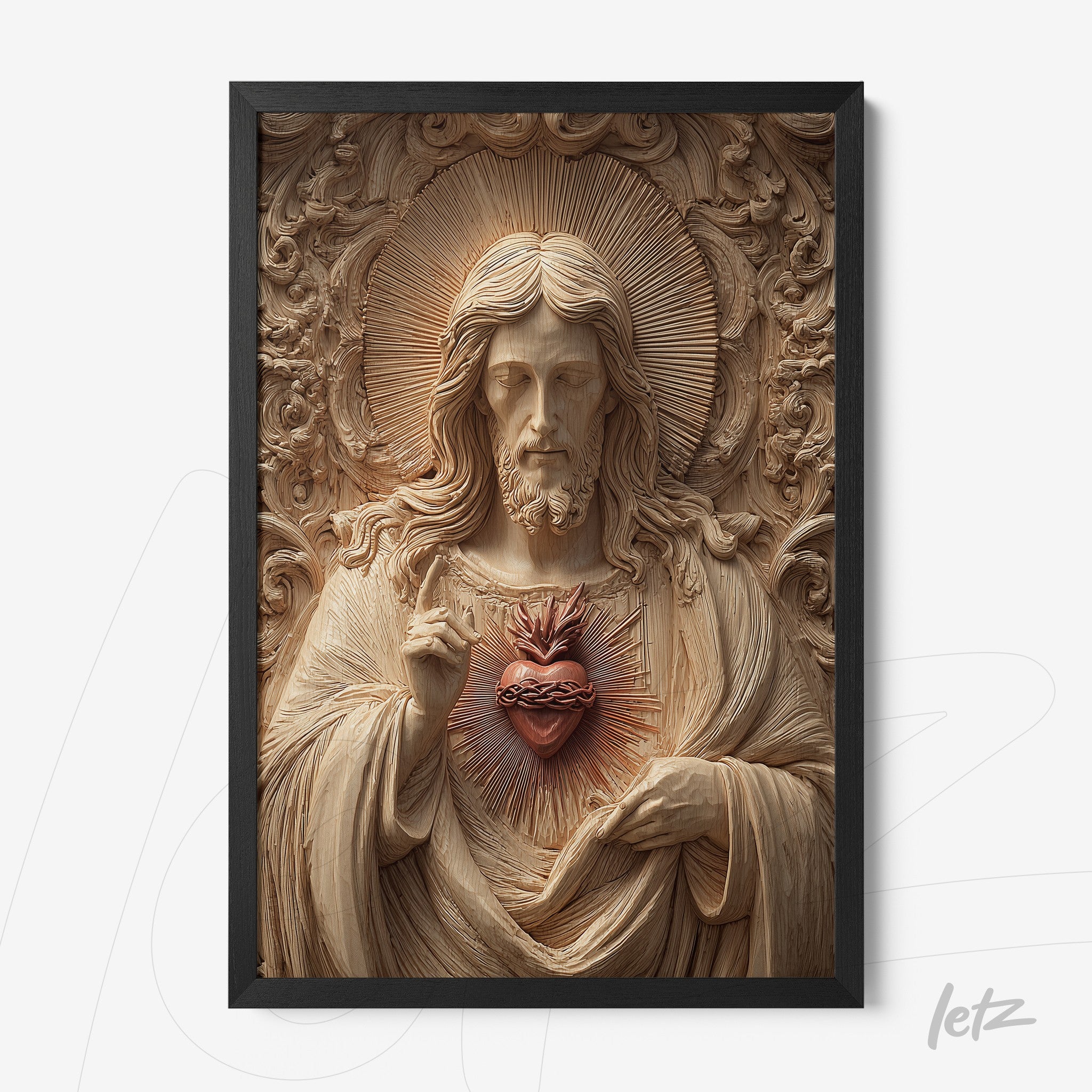 framed wall art featuring a sacred high-relief depiction of Jesus Christ with a sacred heart in a black frame