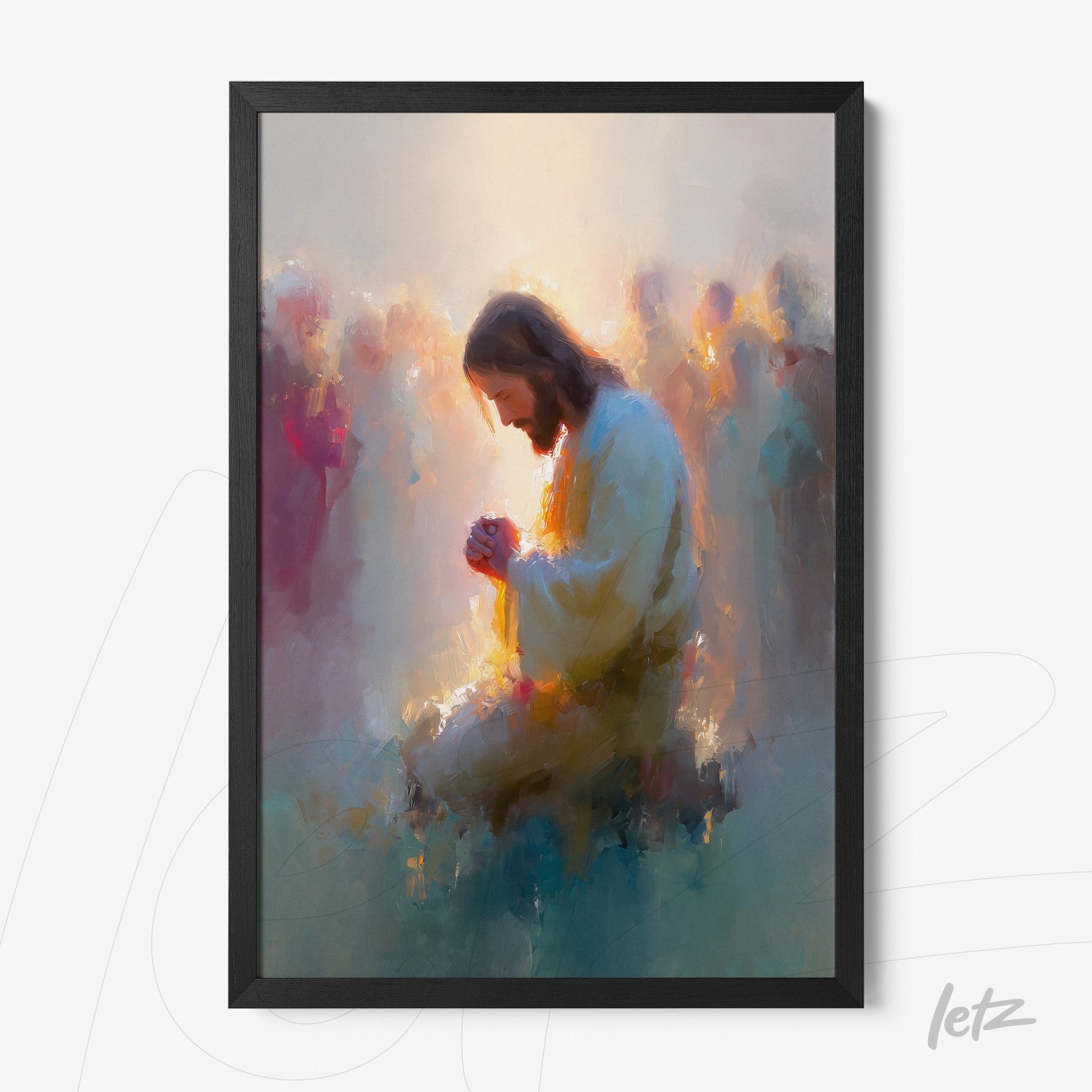 framed impressionist art of jesus in prayer surrounded by vague figures in a soft background