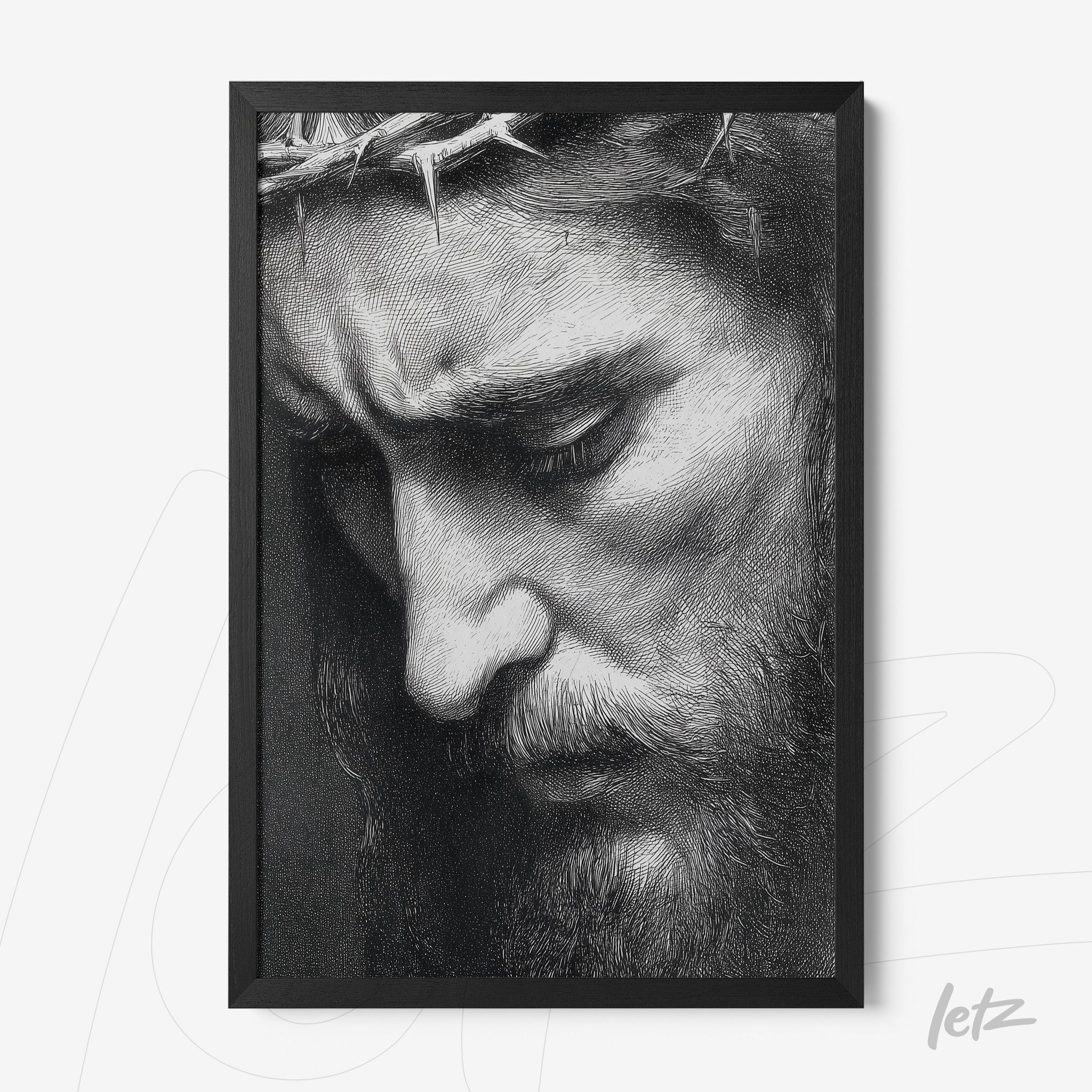 framed black and white portrait of Jesus Christ showing expressions of suffering with black frame
