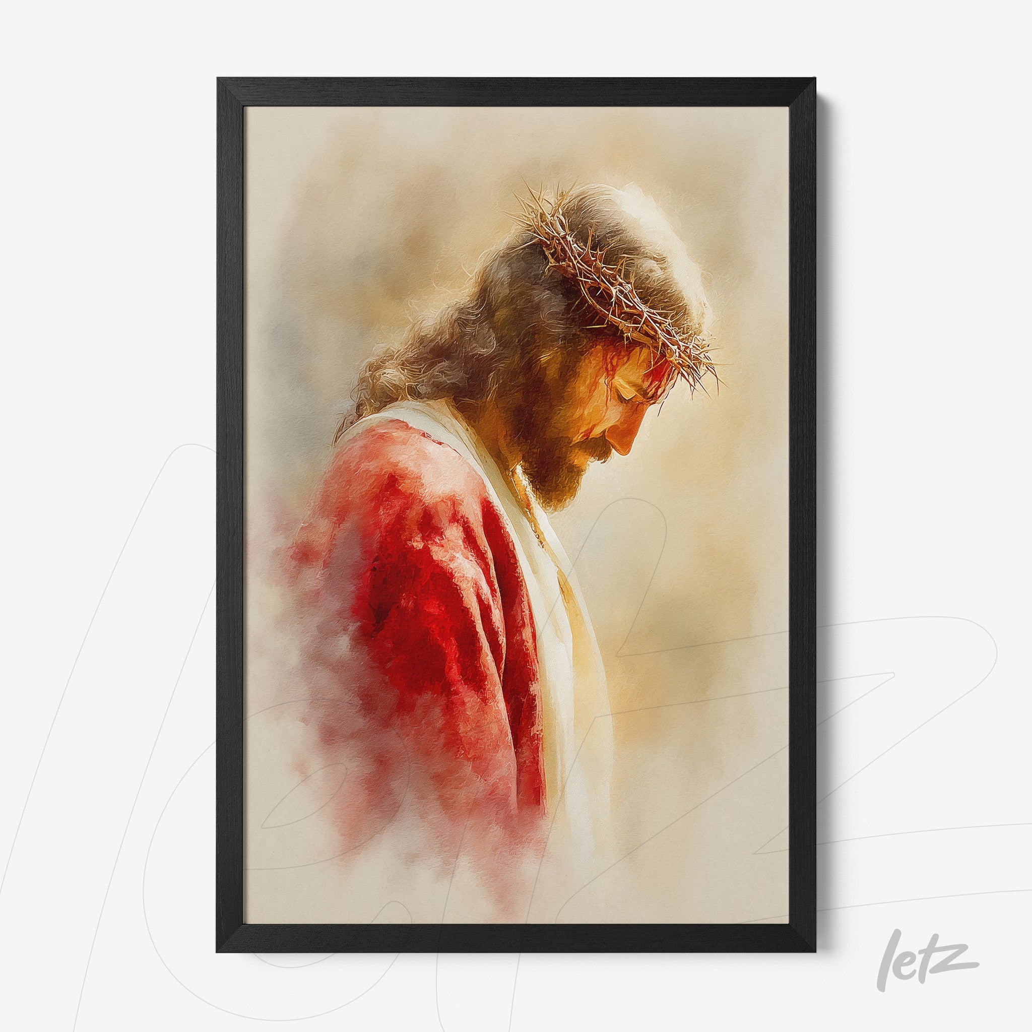 framed artwork of Jesus Christ in soft tones with a black frame