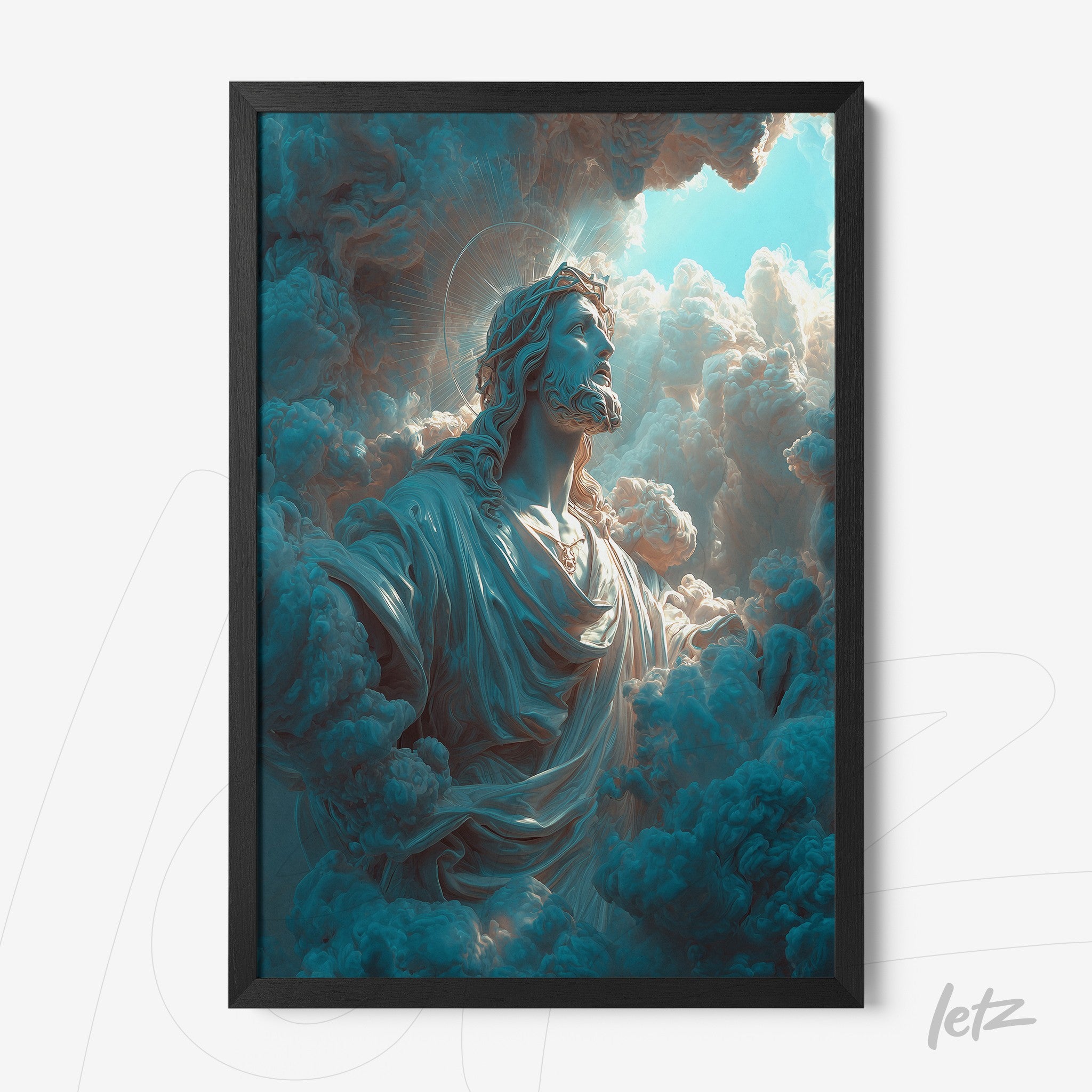 framed digital art of a religious figure surrounded by clouds