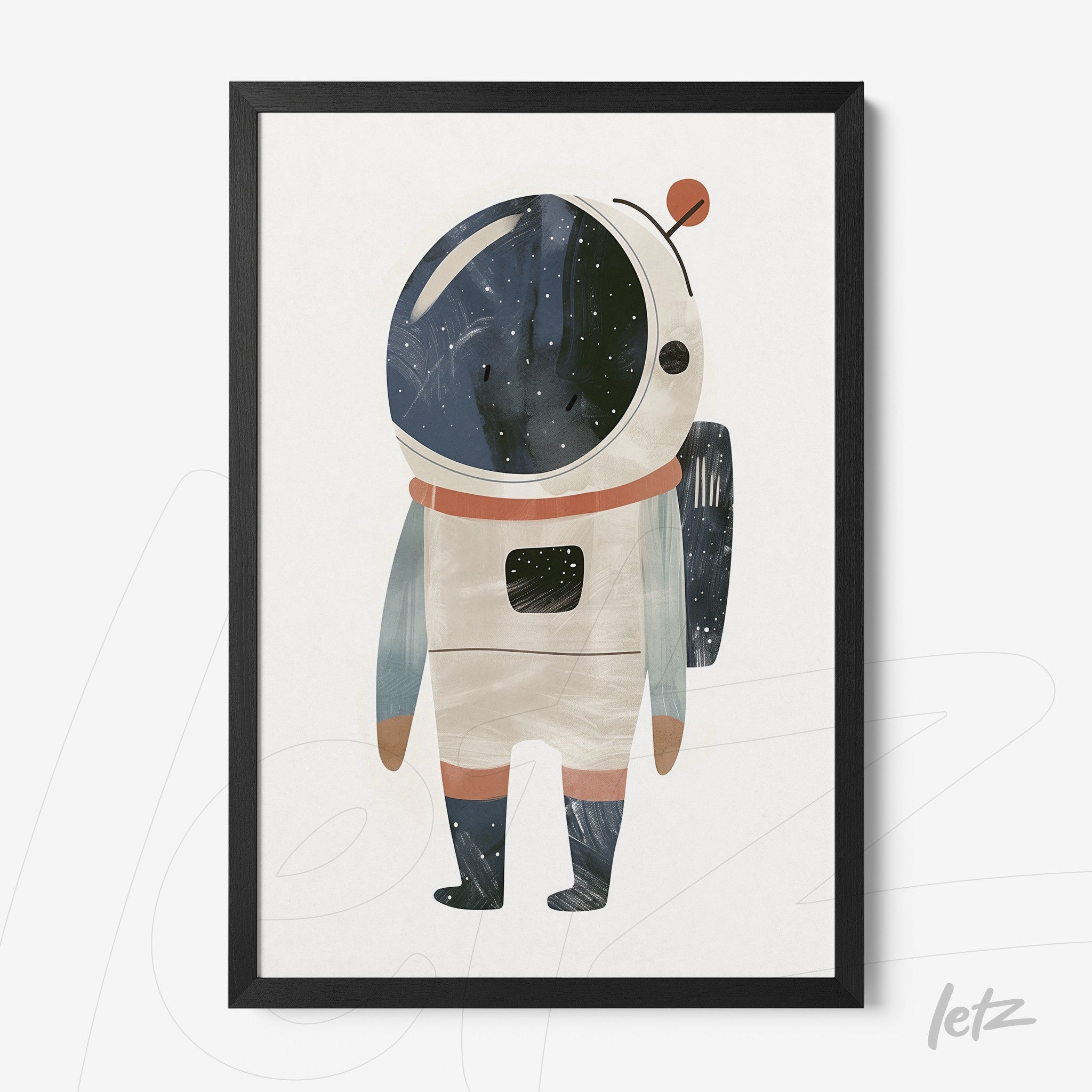 framed artwork of a textured astronaut illustration with a cosmic background in black frame