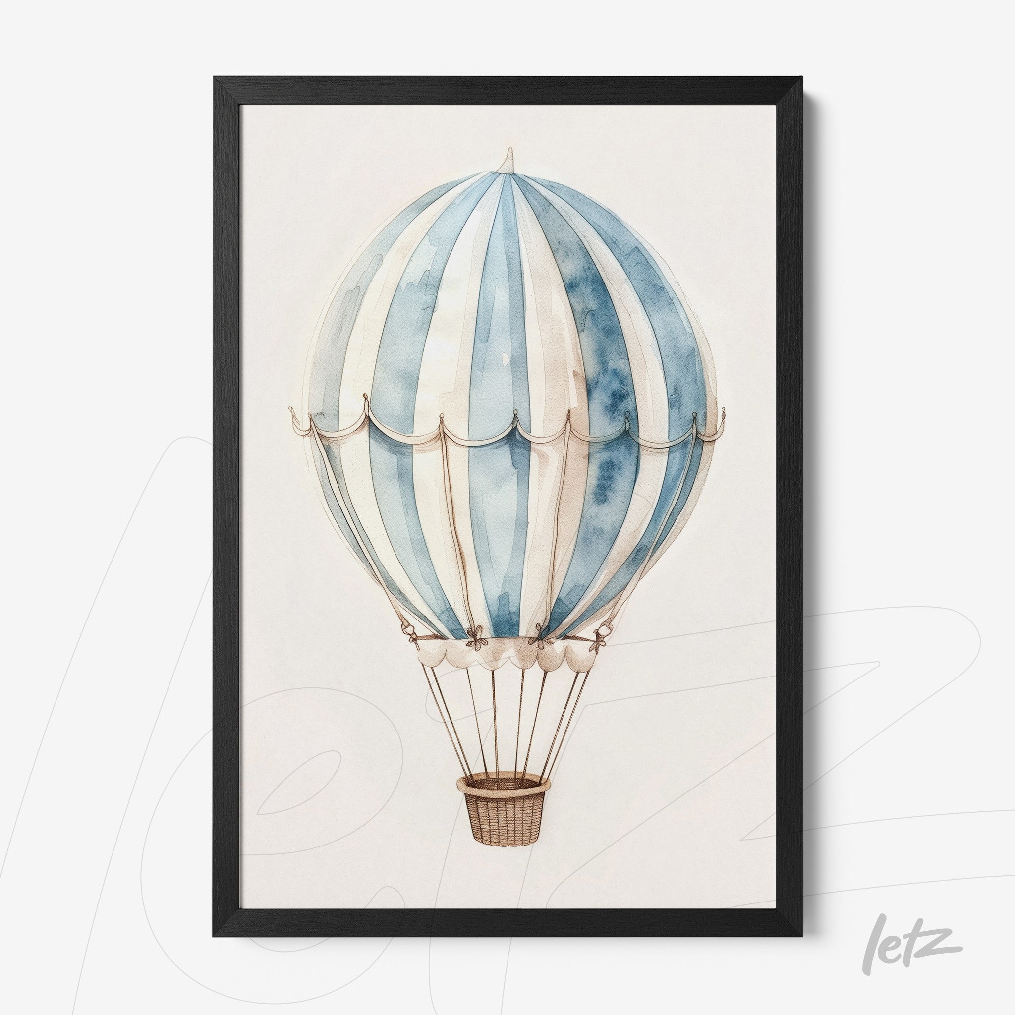 framed wall art featuring a hot air balloon illustration in blue and white hues