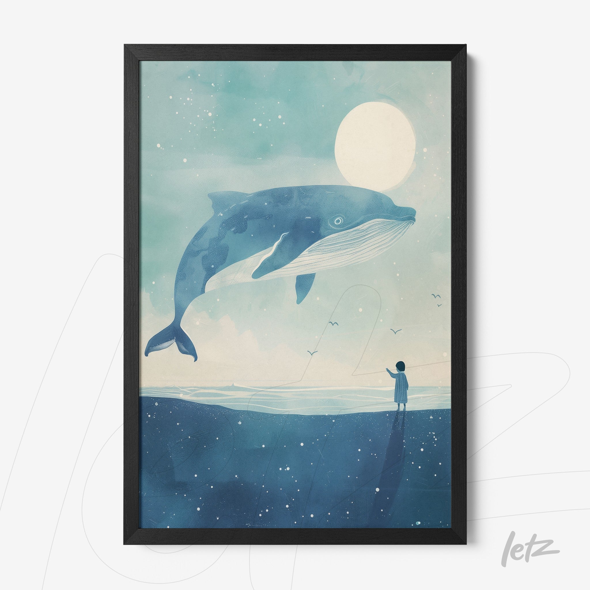 framed wall art featuring a giant blue whale under a light sky with the moon and stars, black frame
