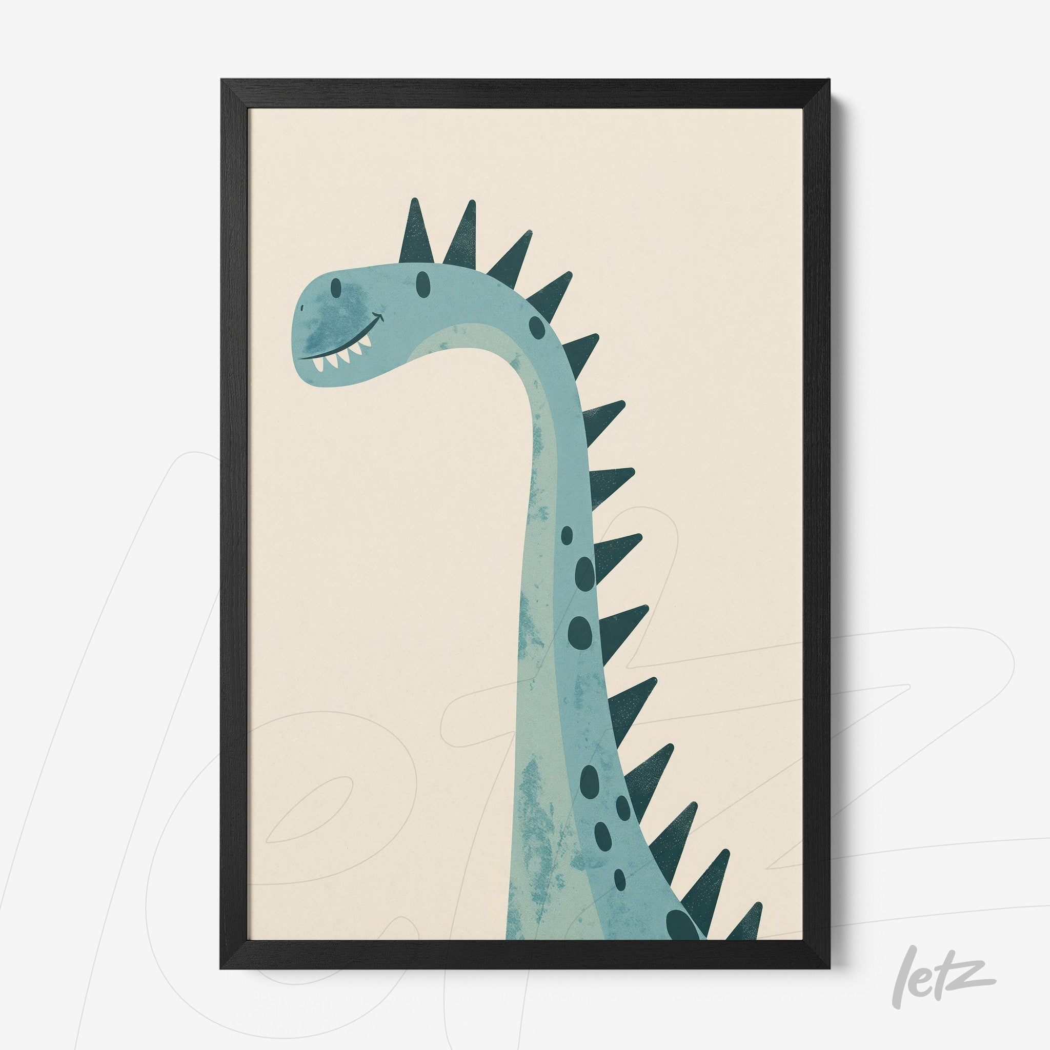 framed wall art featuring a blue dinosaur illustration with black frame
