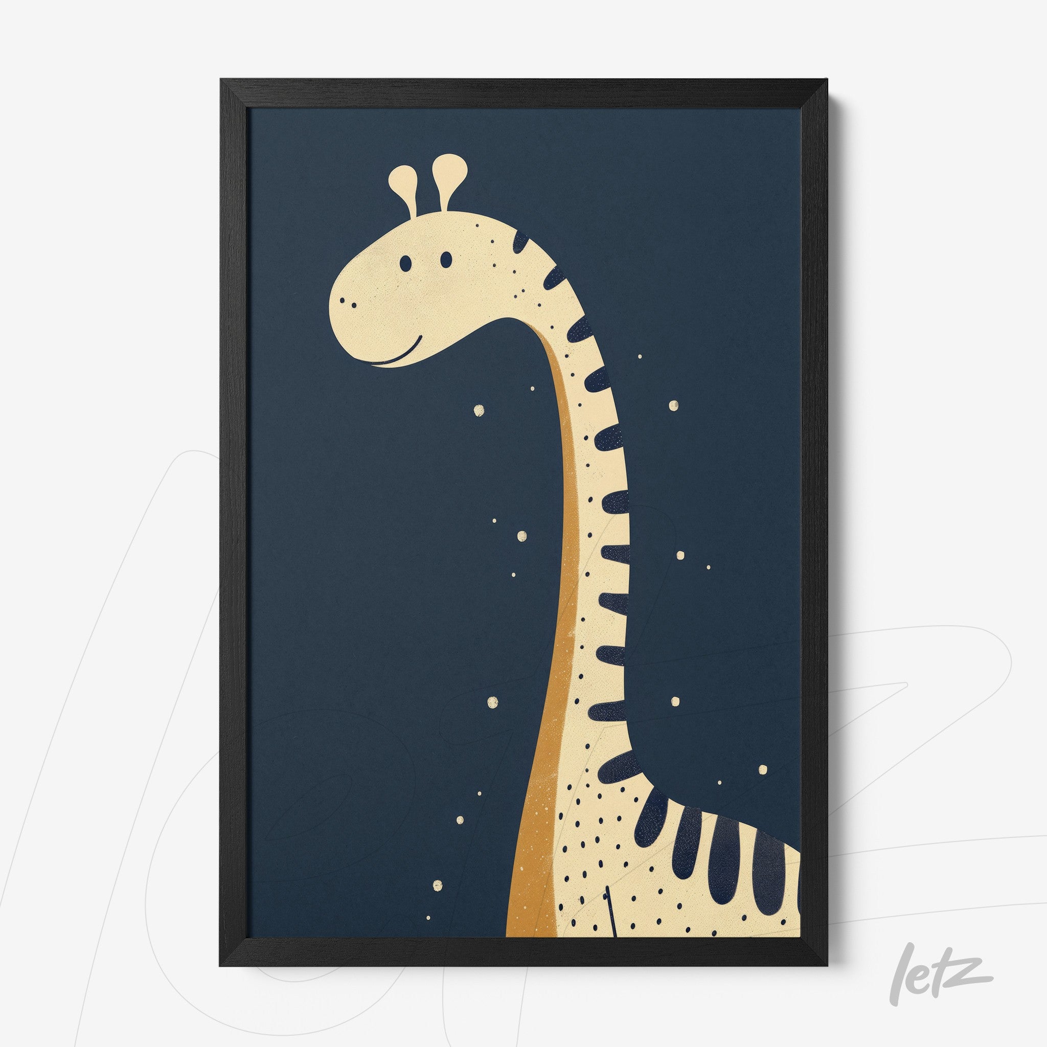 framed art of a stylized giraffe on dark blue background with black frame