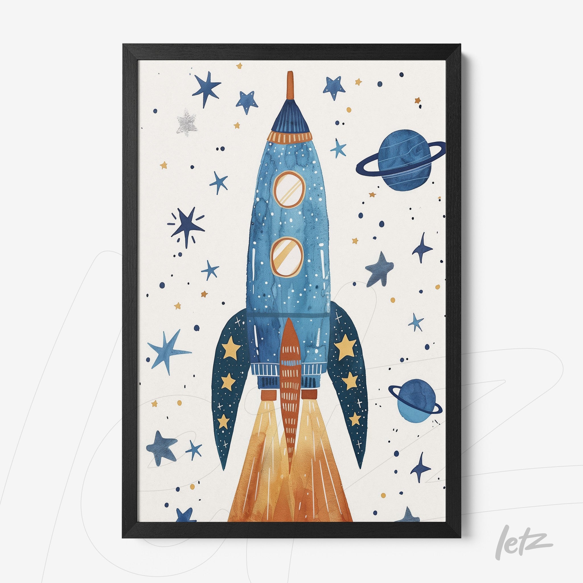 framed artwork featuring a blue rocket in a starry background with planets