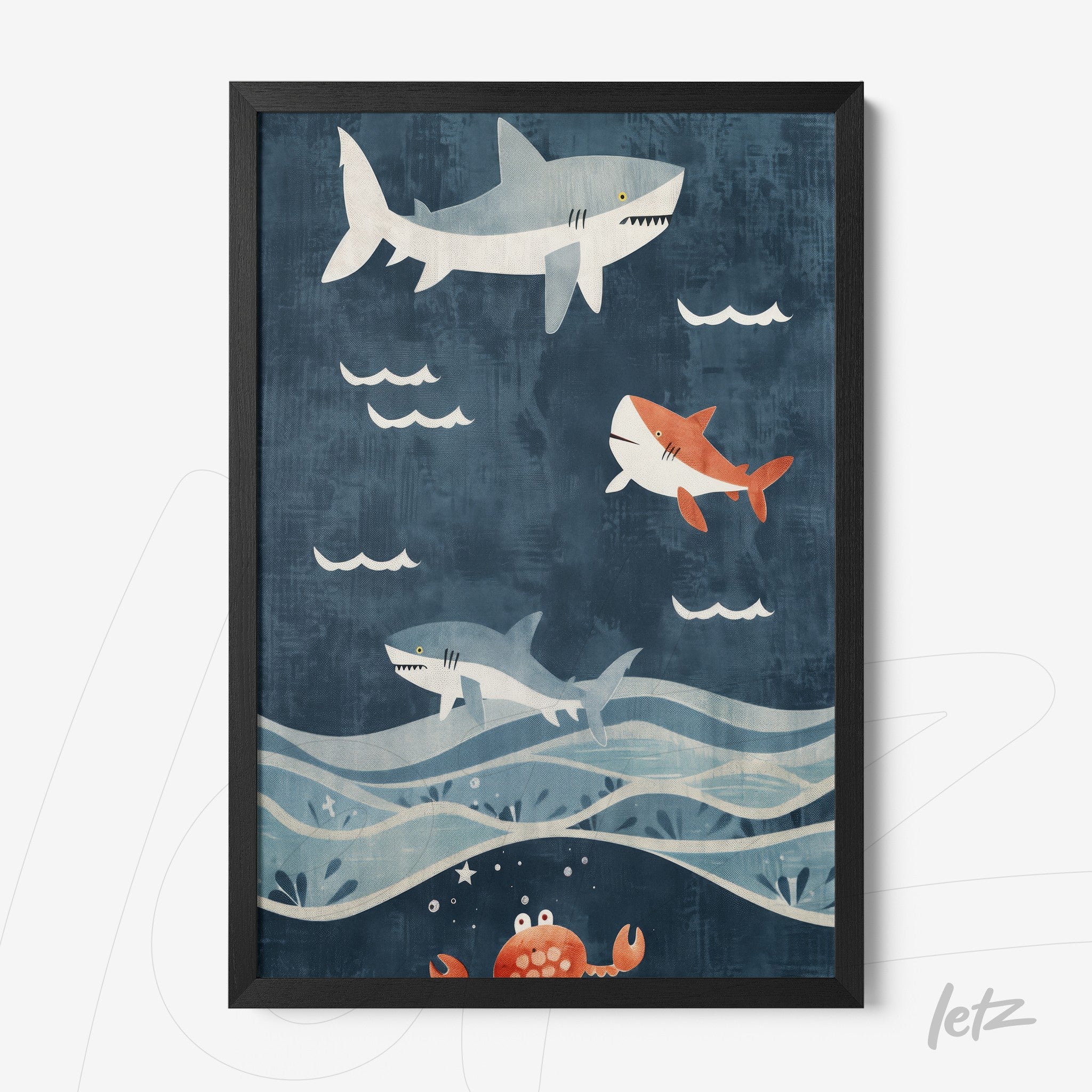 framed children’s illustration of swimming sharks in dark blue background with thin black frame