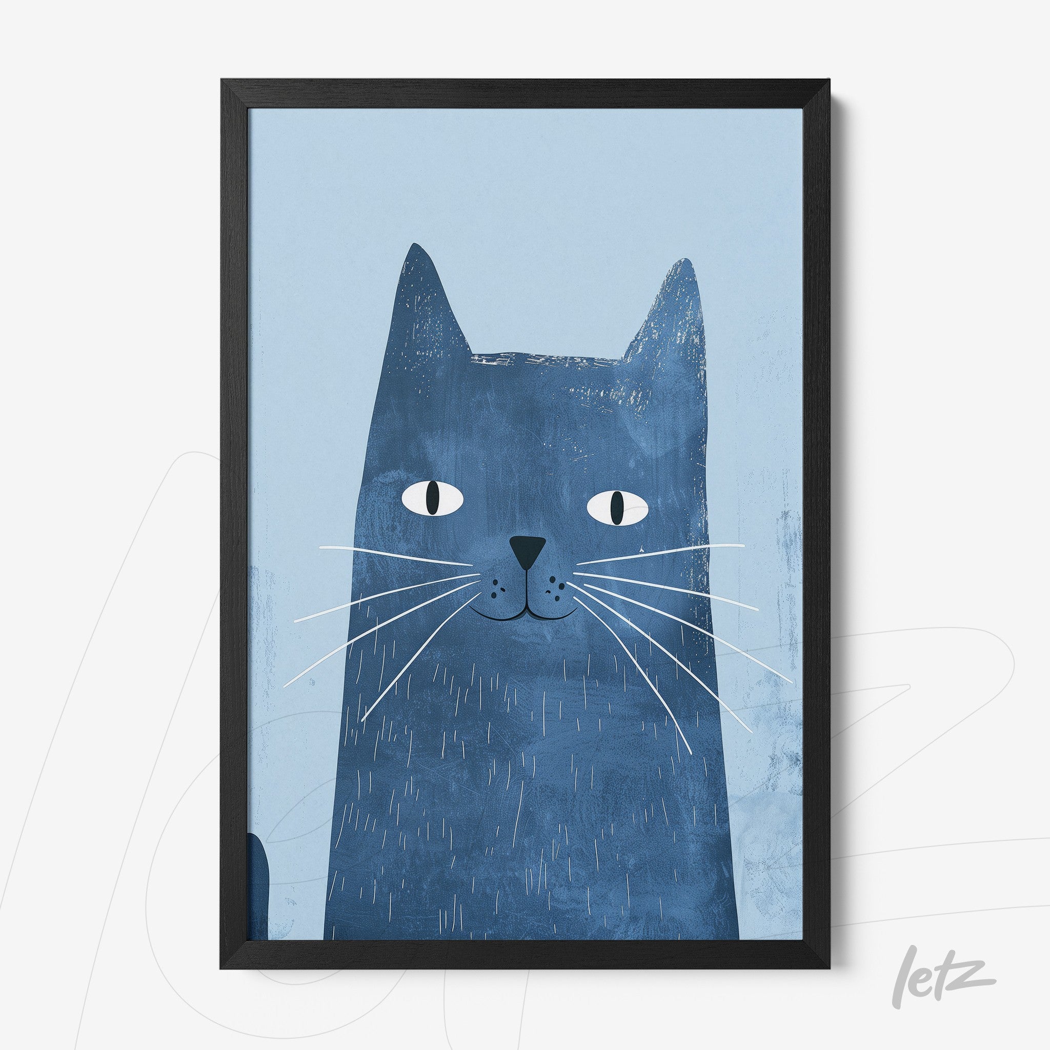 framed artwork of a blue cat against a light blue background with black frame