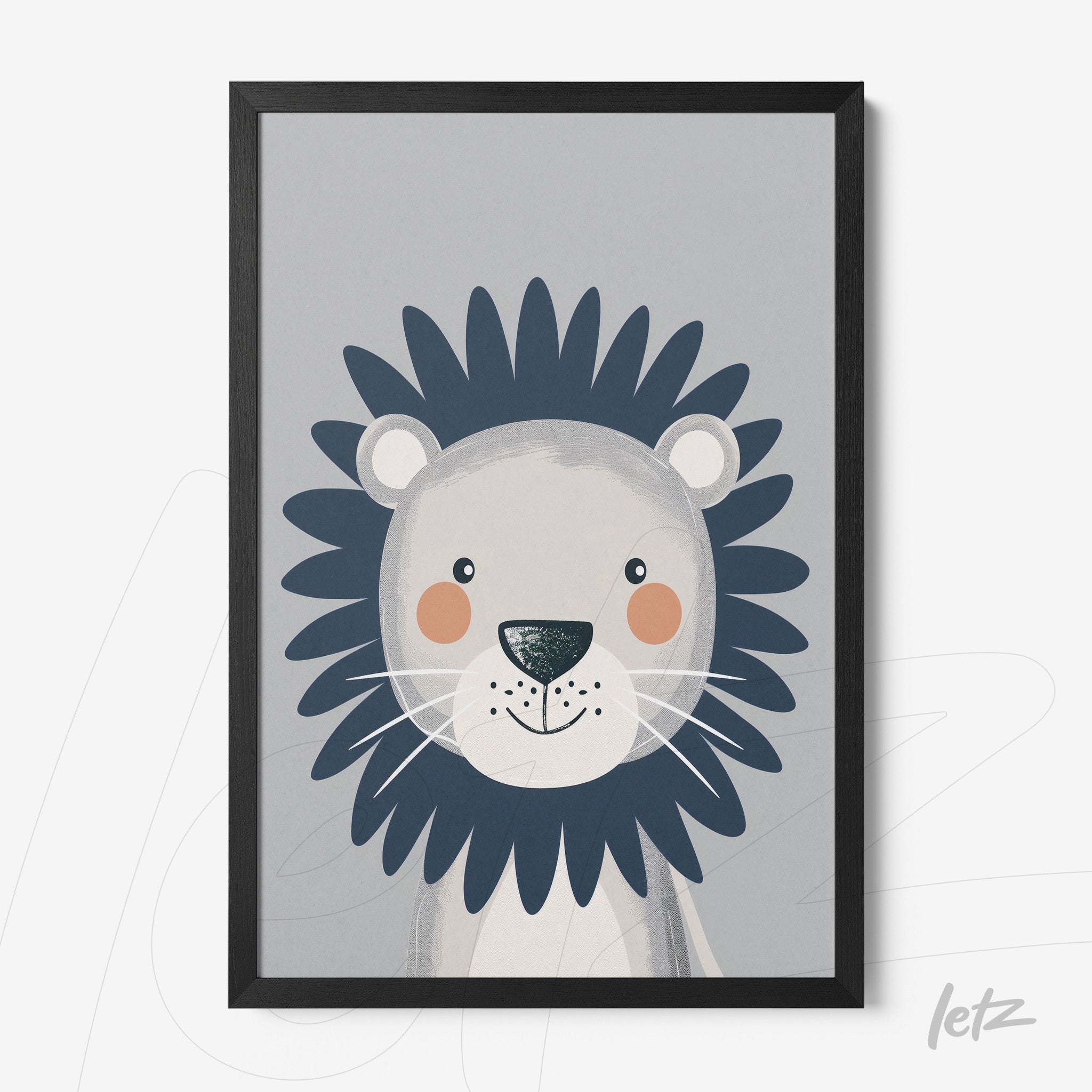 framed artwork of a smiling lion illustration on gray background with black frame