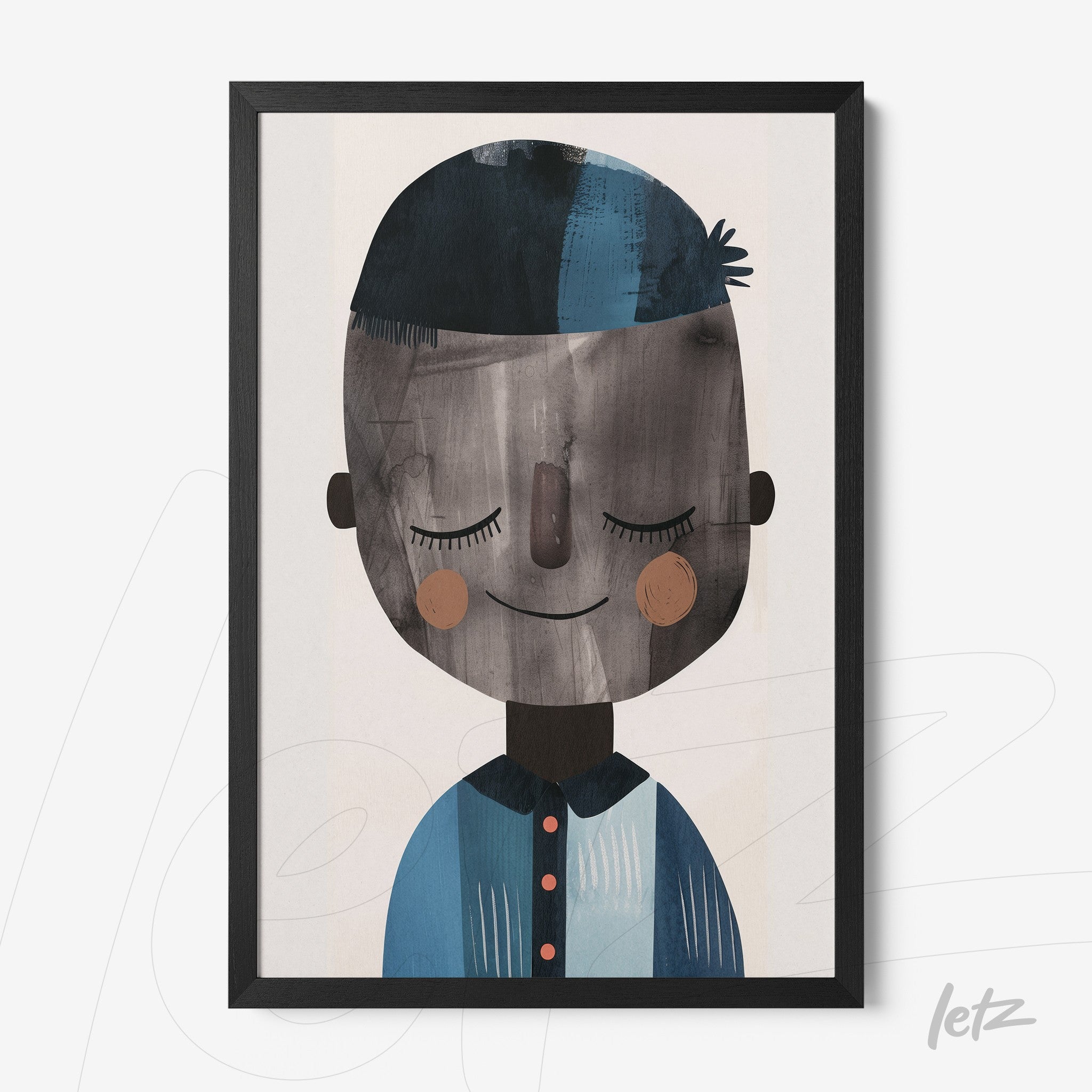 framed artwork featuring a modern illustration of a child character with simplified features and gentle expressions