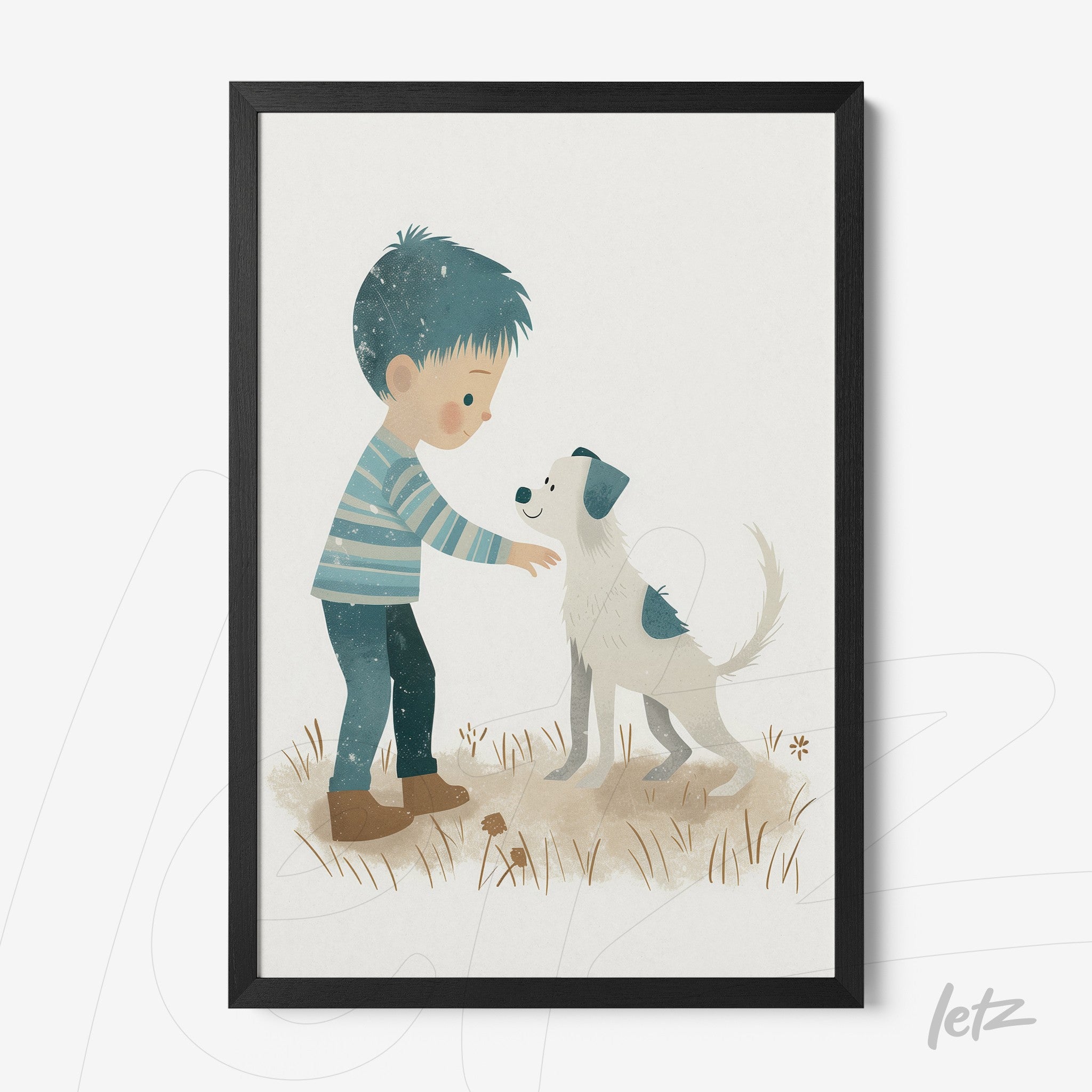 framed children's illustration of a boy interacting with a dog in a black frame