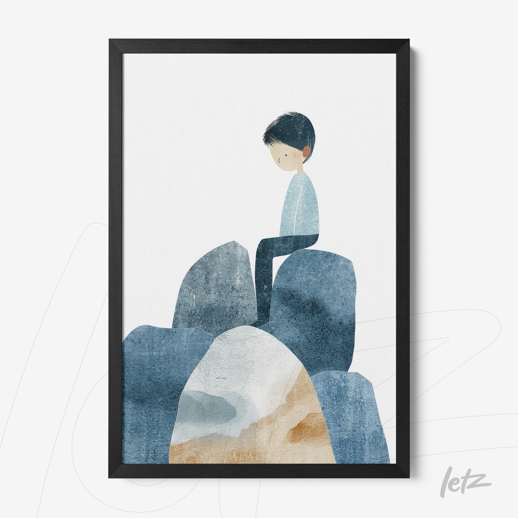 framed children's illustration of a boy sitting on large stones in shades of blue and beige