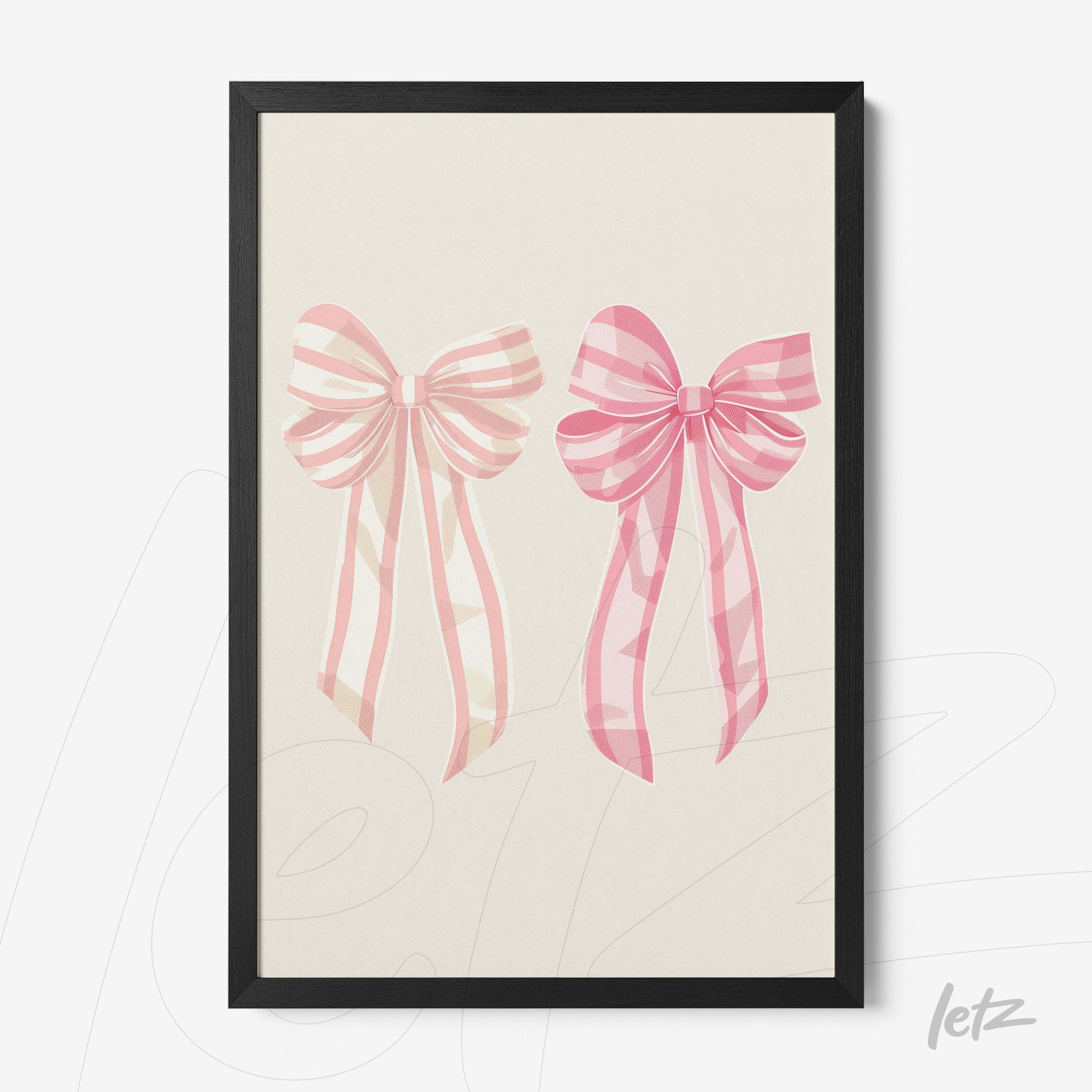 framed artwork featuring pink bows with ribbons on a light background
