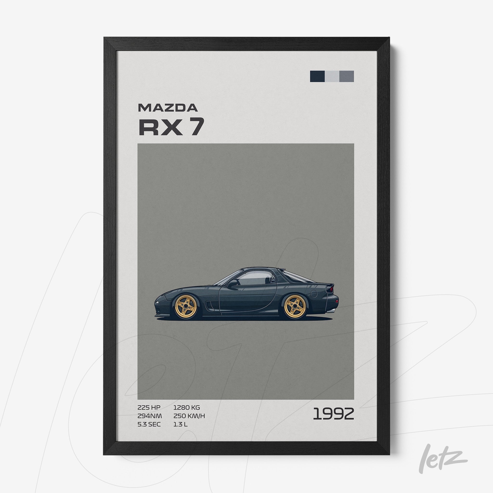 framed digital art of a 1992 Mazda RX 7 in sleek black frame