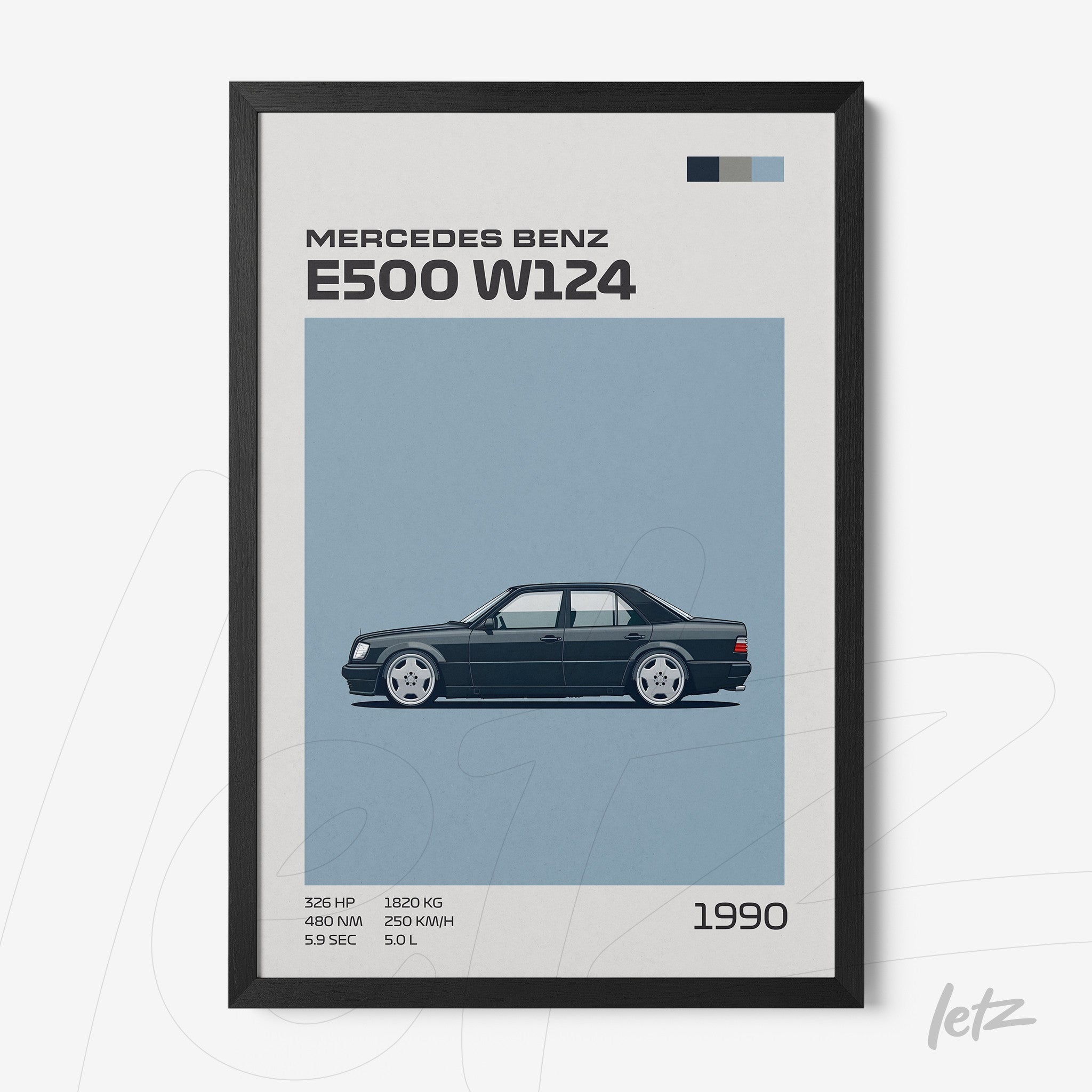 framed art print of classic Mercedes Benz E500 W124 car on blue background with black frame