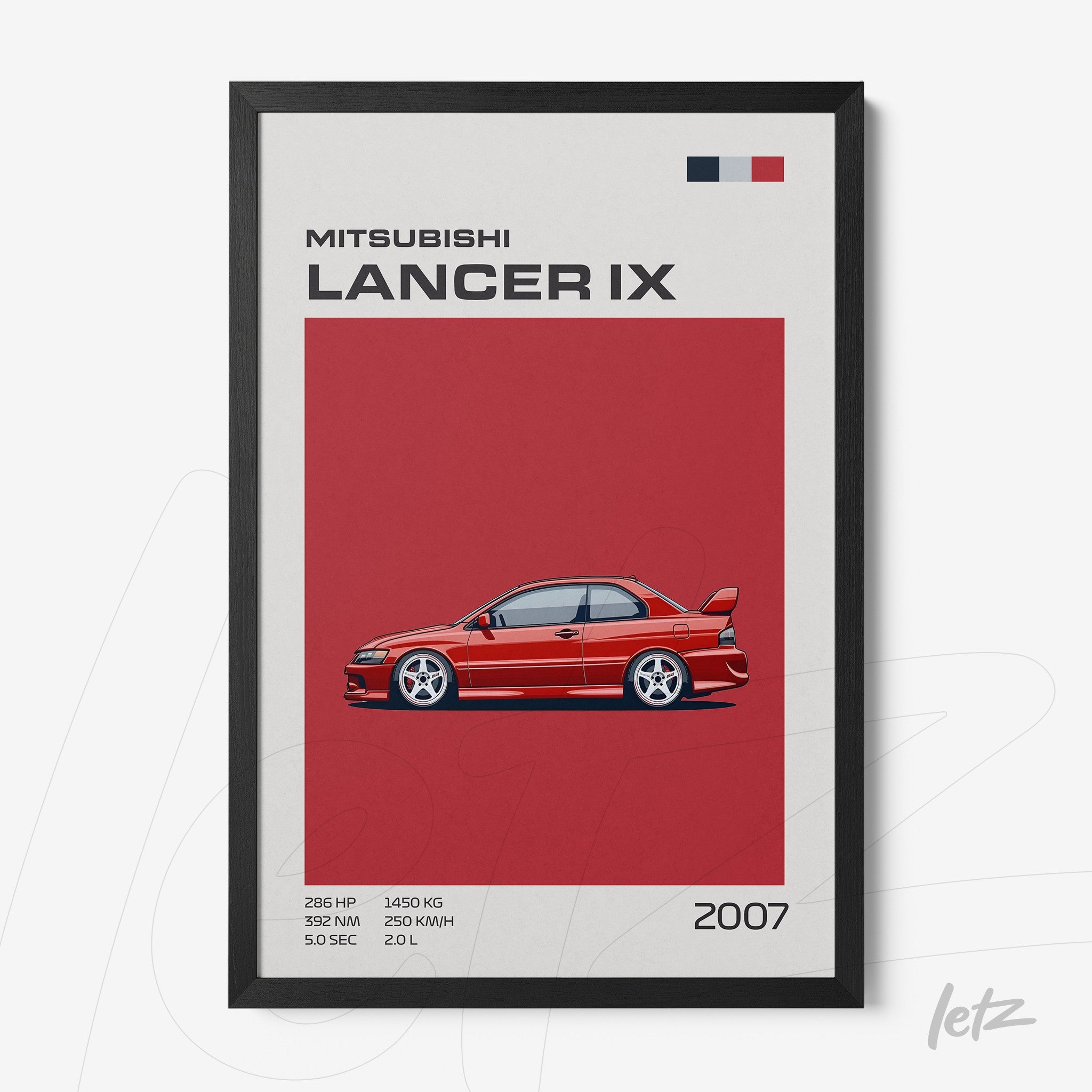 framed artwork featuring a stylized illustration of Mitsubishi Lancer IX on a red background with black frame