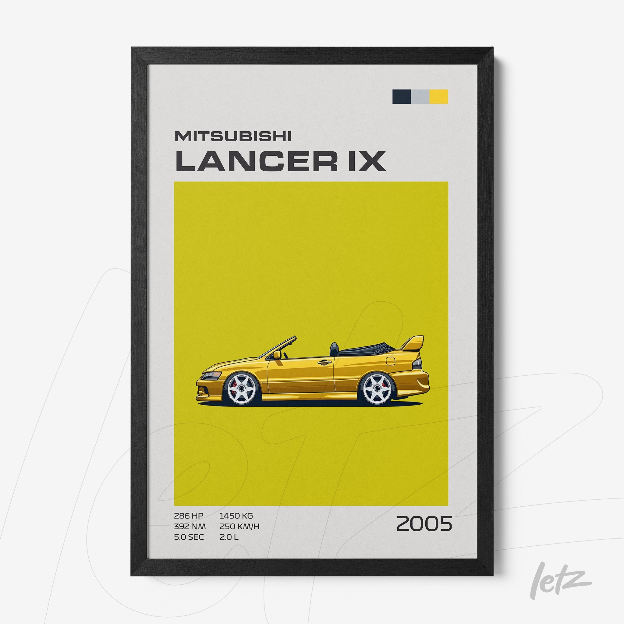 framed graphic art of a yellow Mitsubishi Lancer IX car with black frame