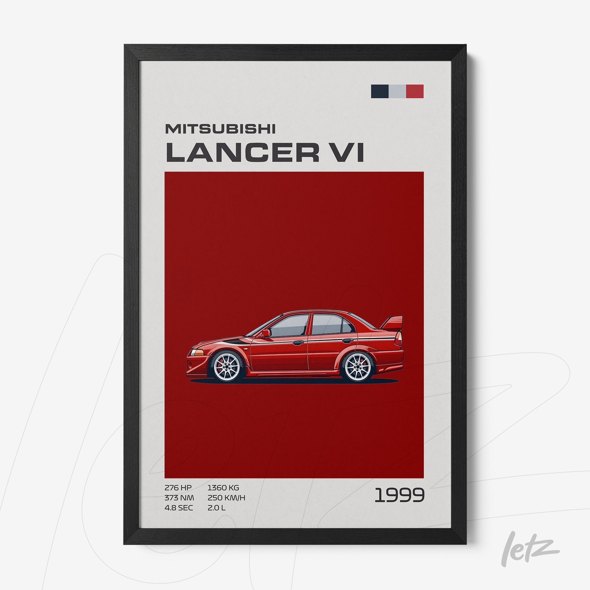 framed illustration of the 1999 Mitsubishi Lancer VI on a red background