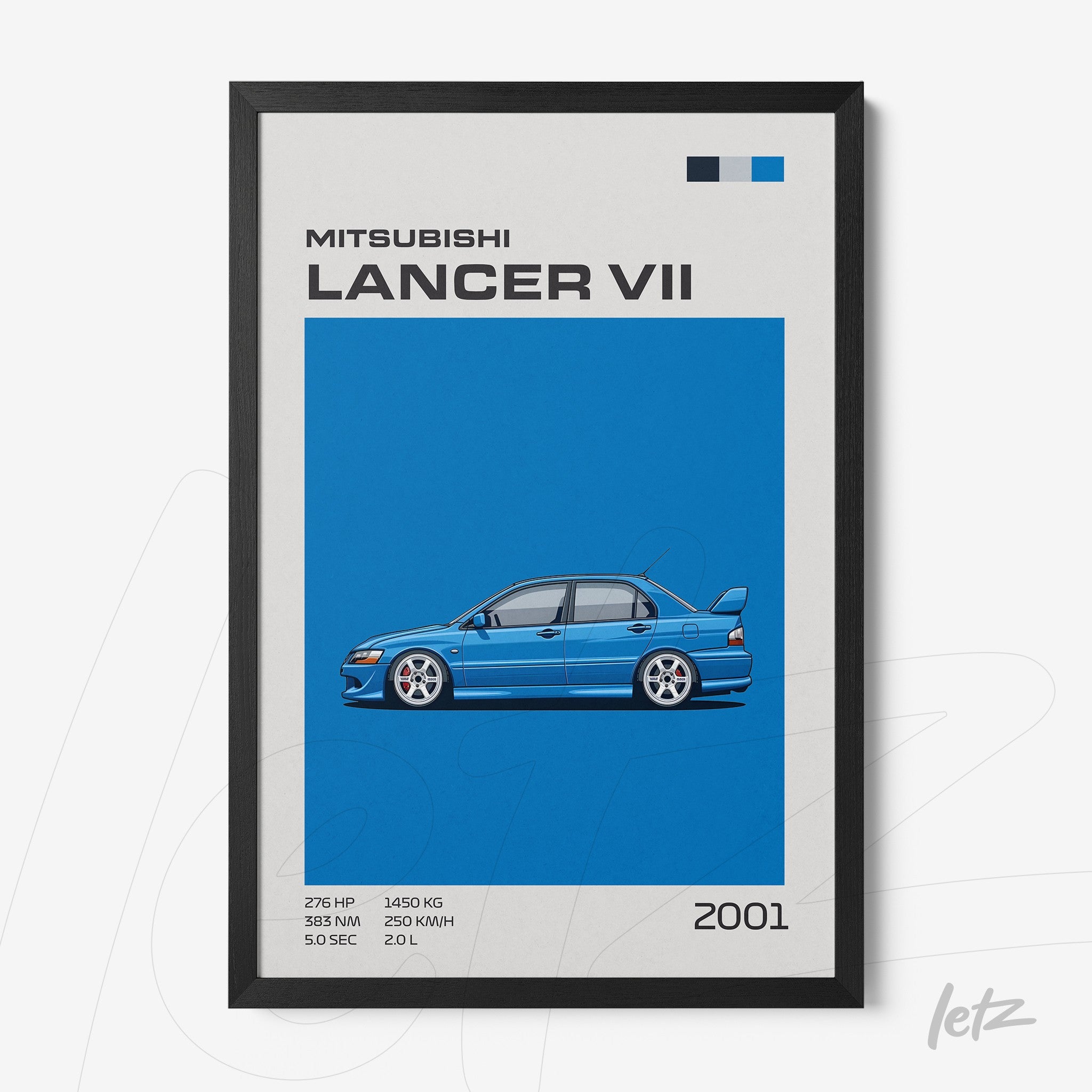 framed artwork featuring the Mitsubishi Lancer VII on a blue background with black frame