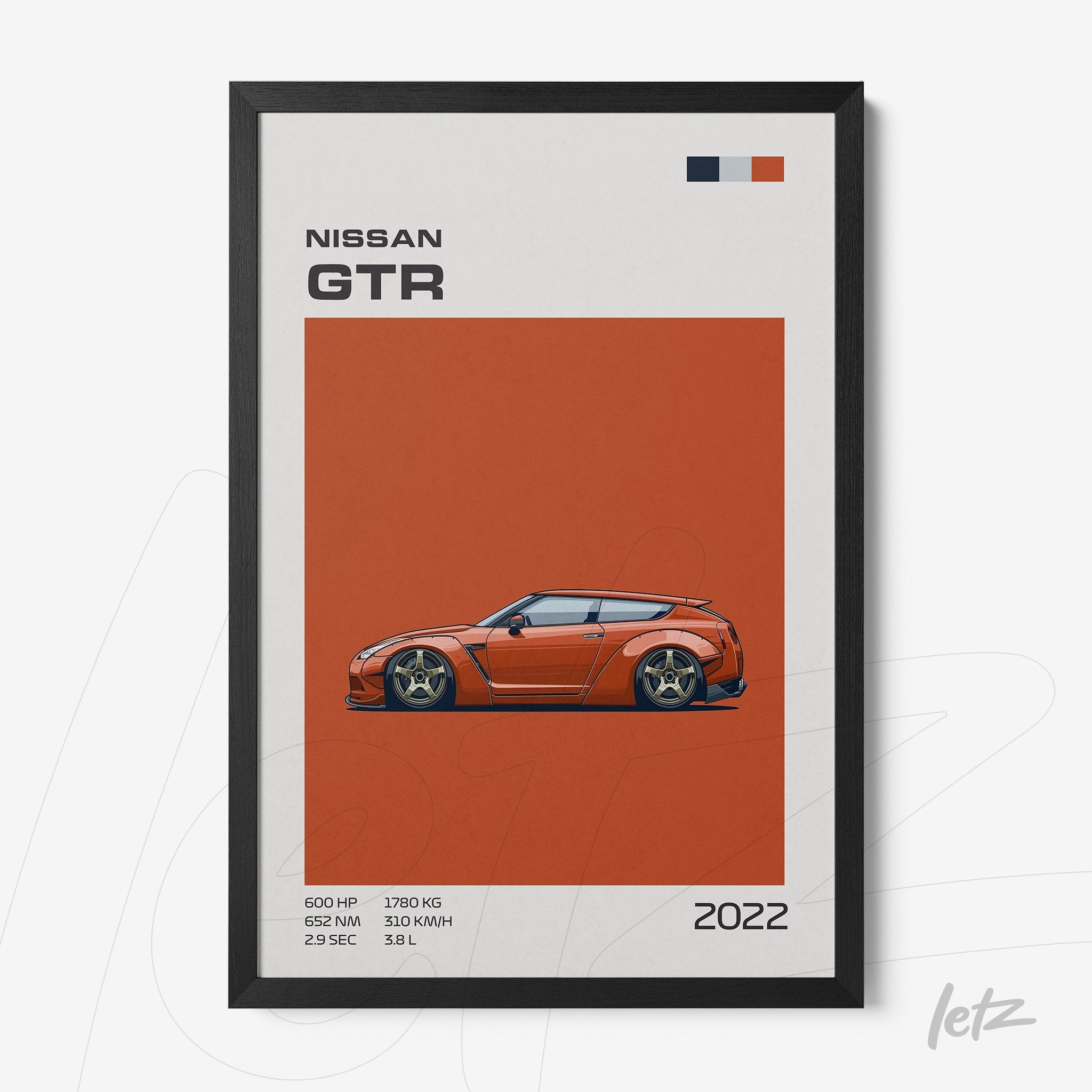 minimalist style framed artwork of the 2022 Nissan GTR car with a black frame