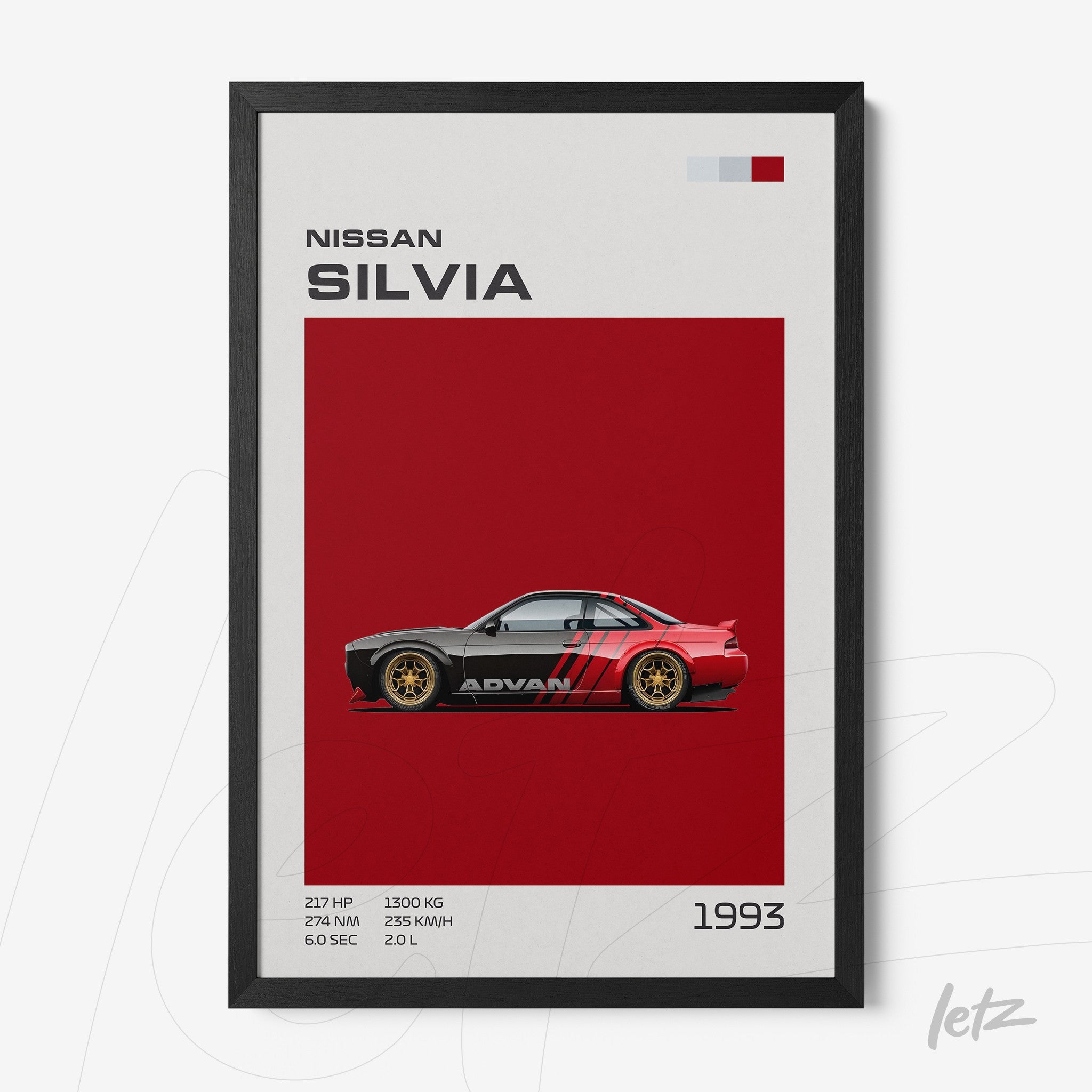 framed wall art featuring the 1993 Nissan Silvia graphic with a black frame, red background, and stylized details