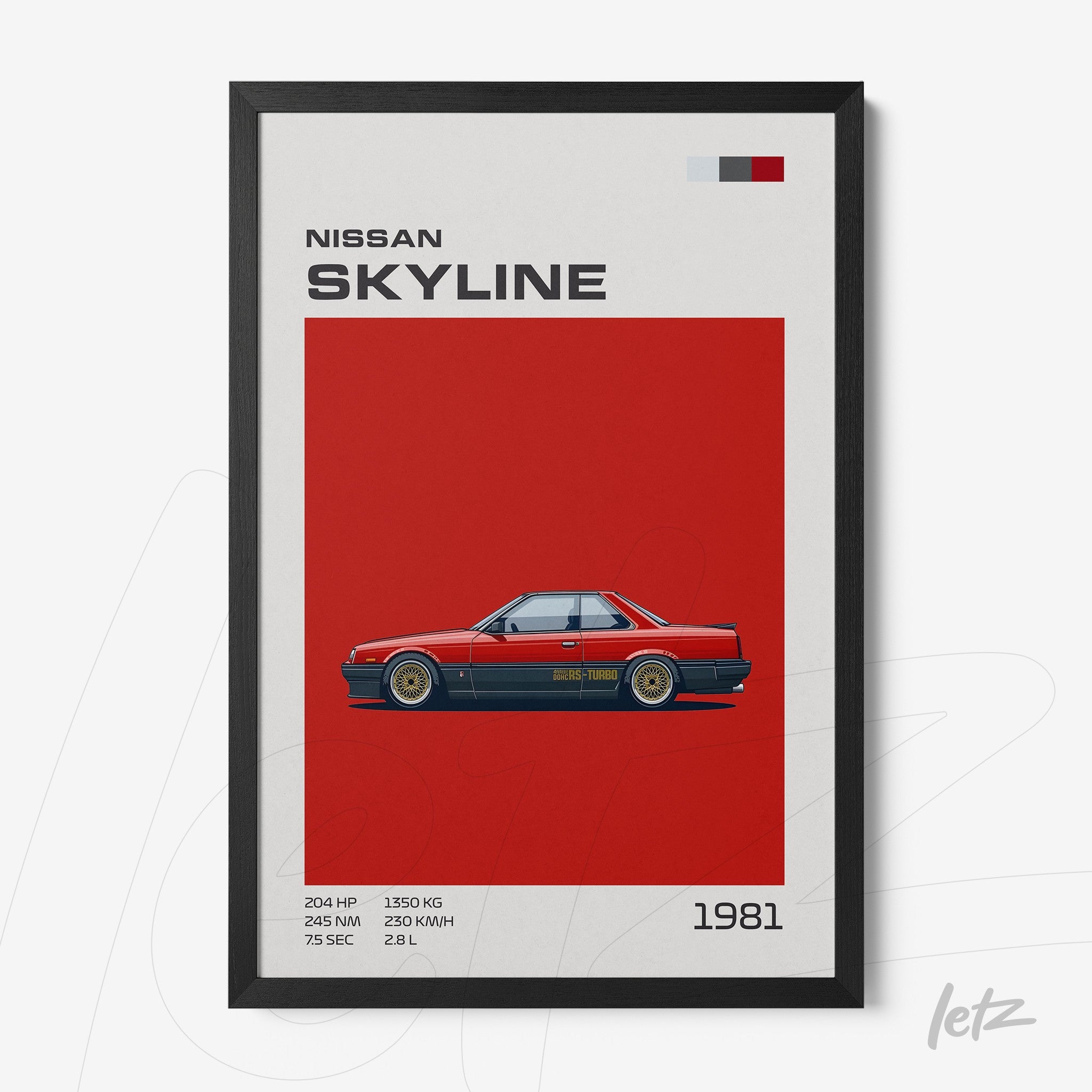 framed wall art featuring a minimalist illustration of the 1981 Nissan Skyline with a black frame, red background, and technical specifications details