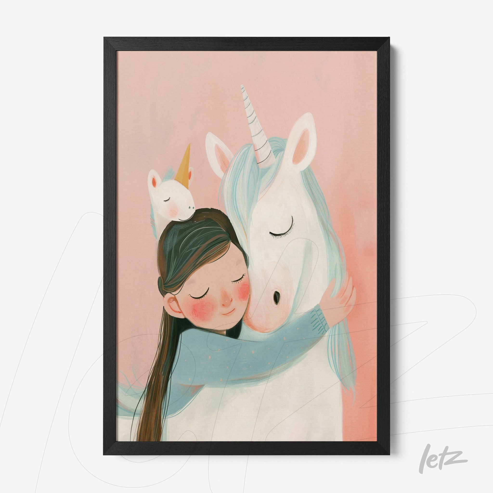 framed artwork featuring a cute illustration of a girl hugging a unicorn with a pink background