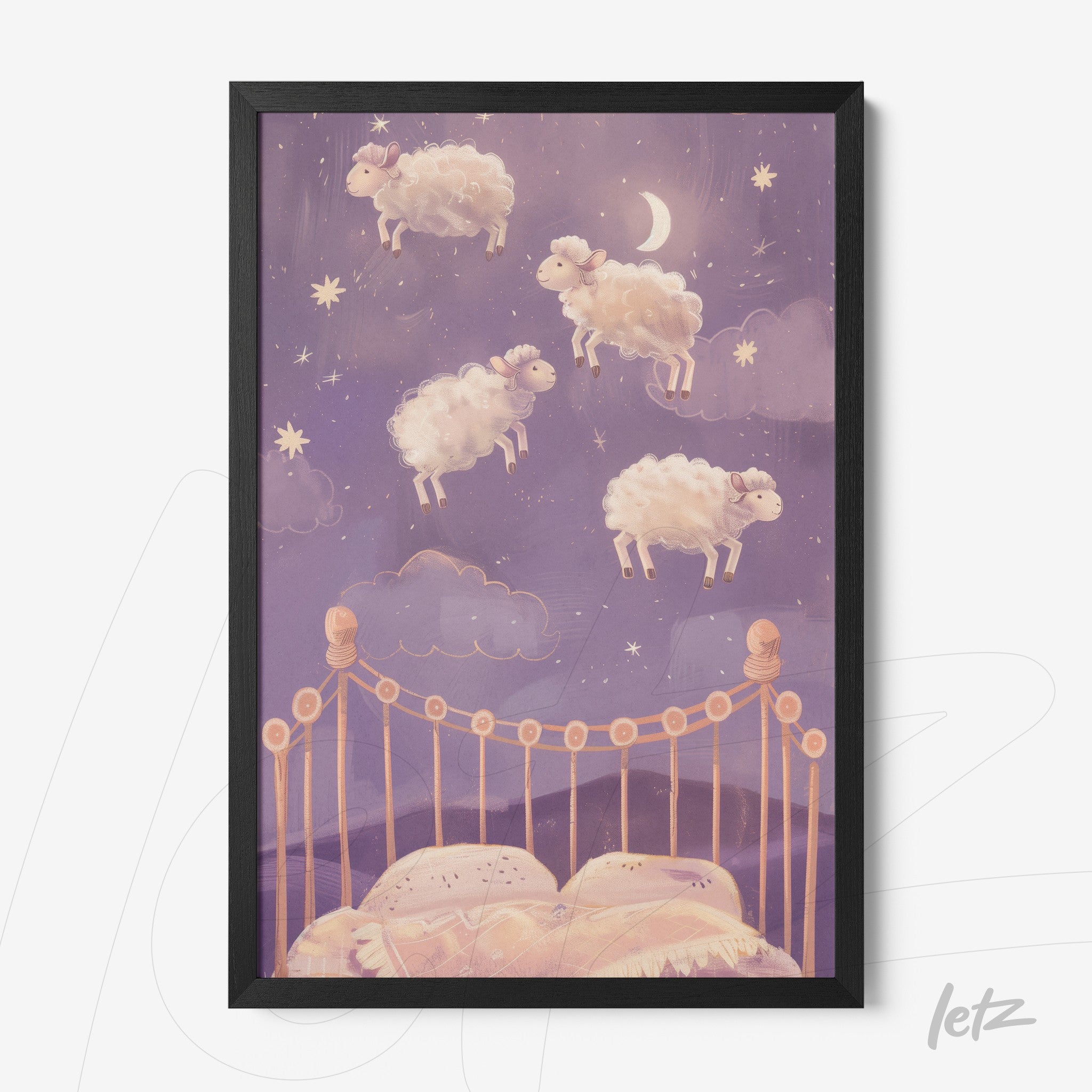 playful artwork of floating sheep against a starry sky in a black frame