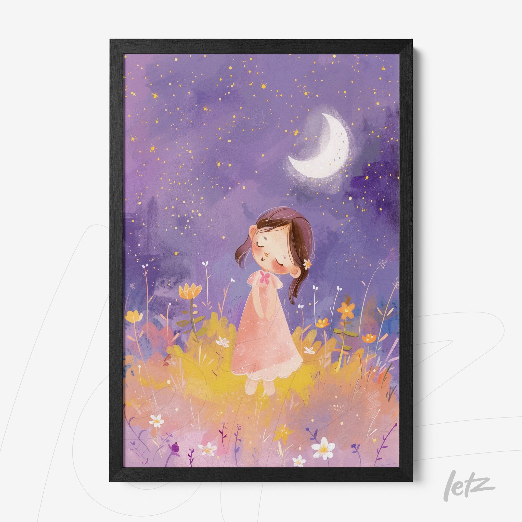 framed children’s art of a girl in a pink dress dreaming under a starry sky with a crescent moon