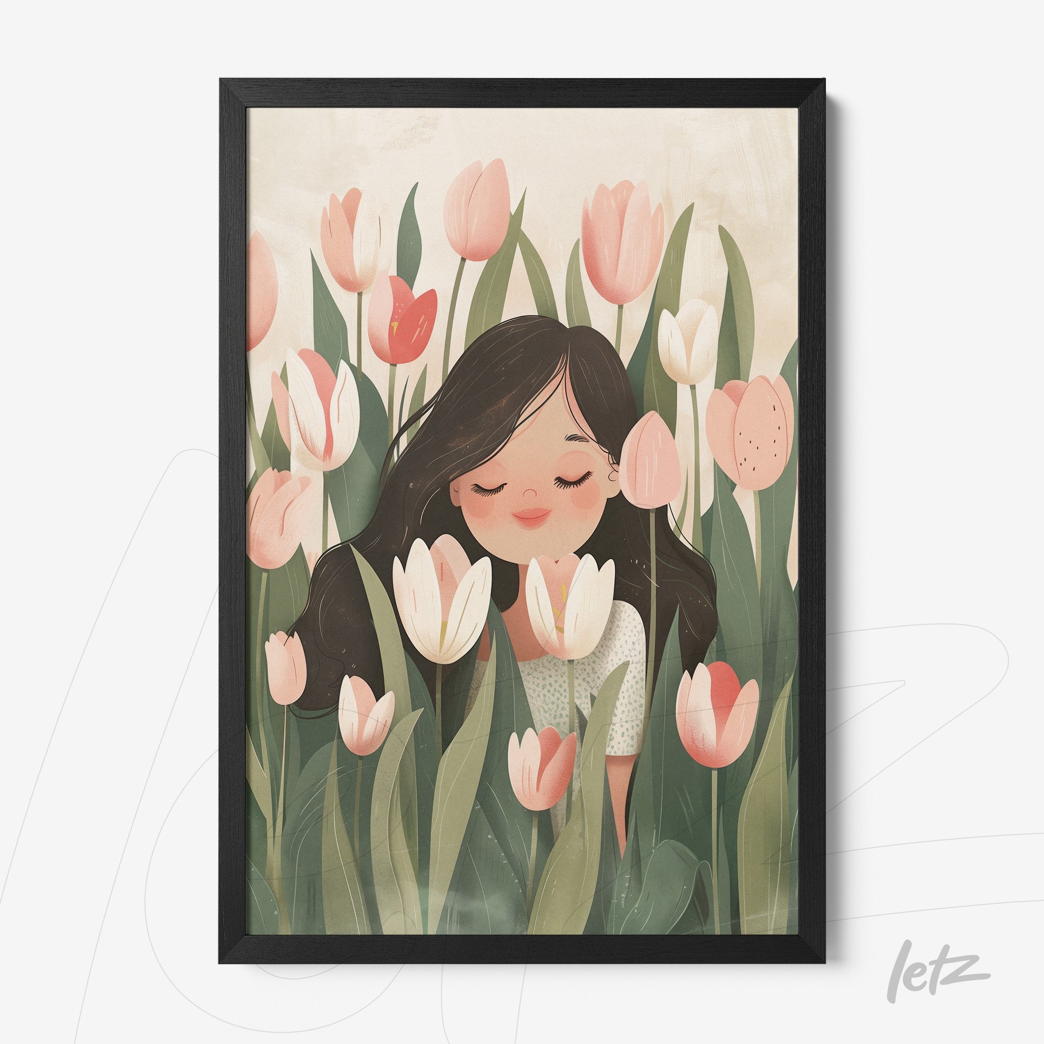 framed artwork featuring a smiling young woman surrounded by tulips on a soft background