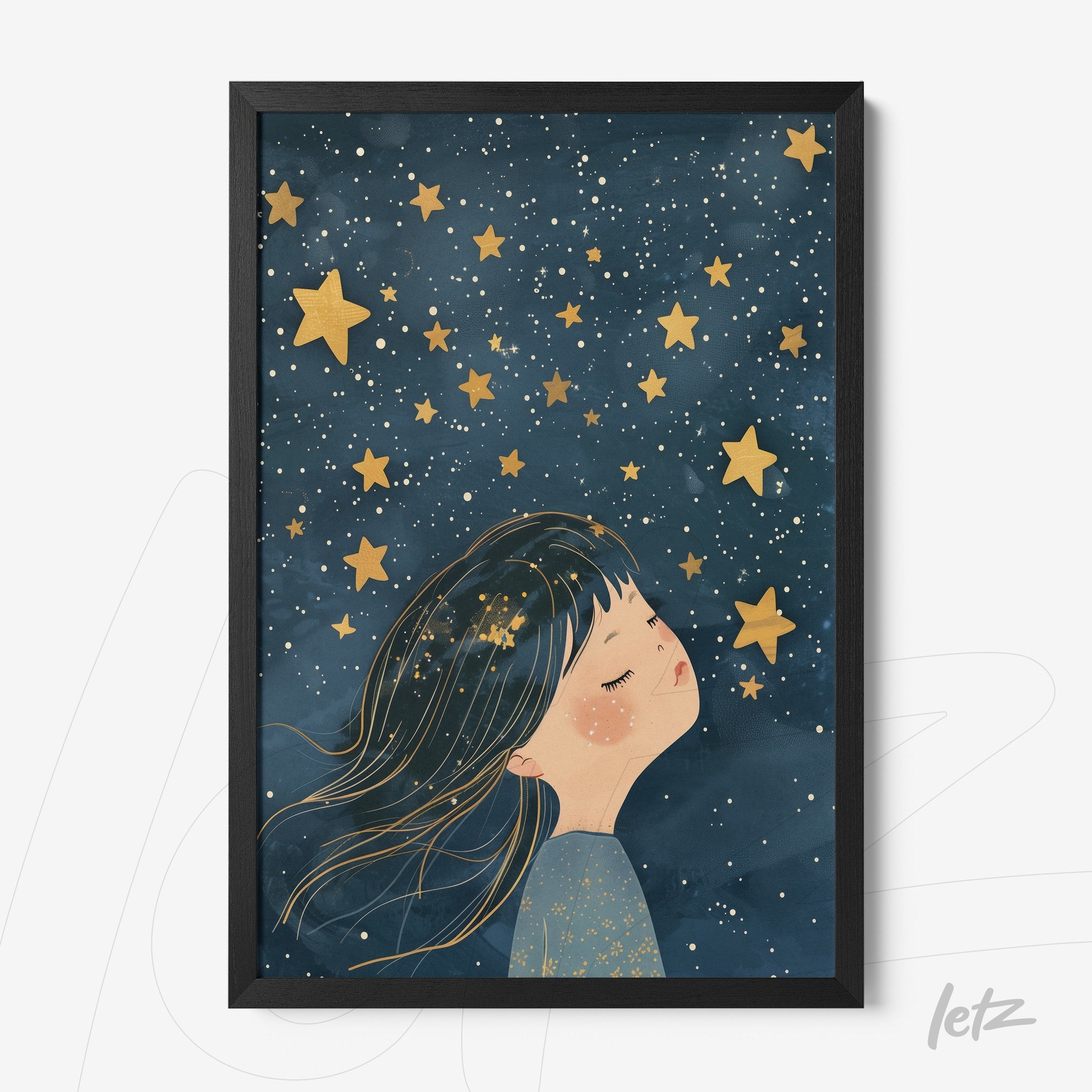 framed artwork of a girl gazing at a starry sky with blue background and golden stars