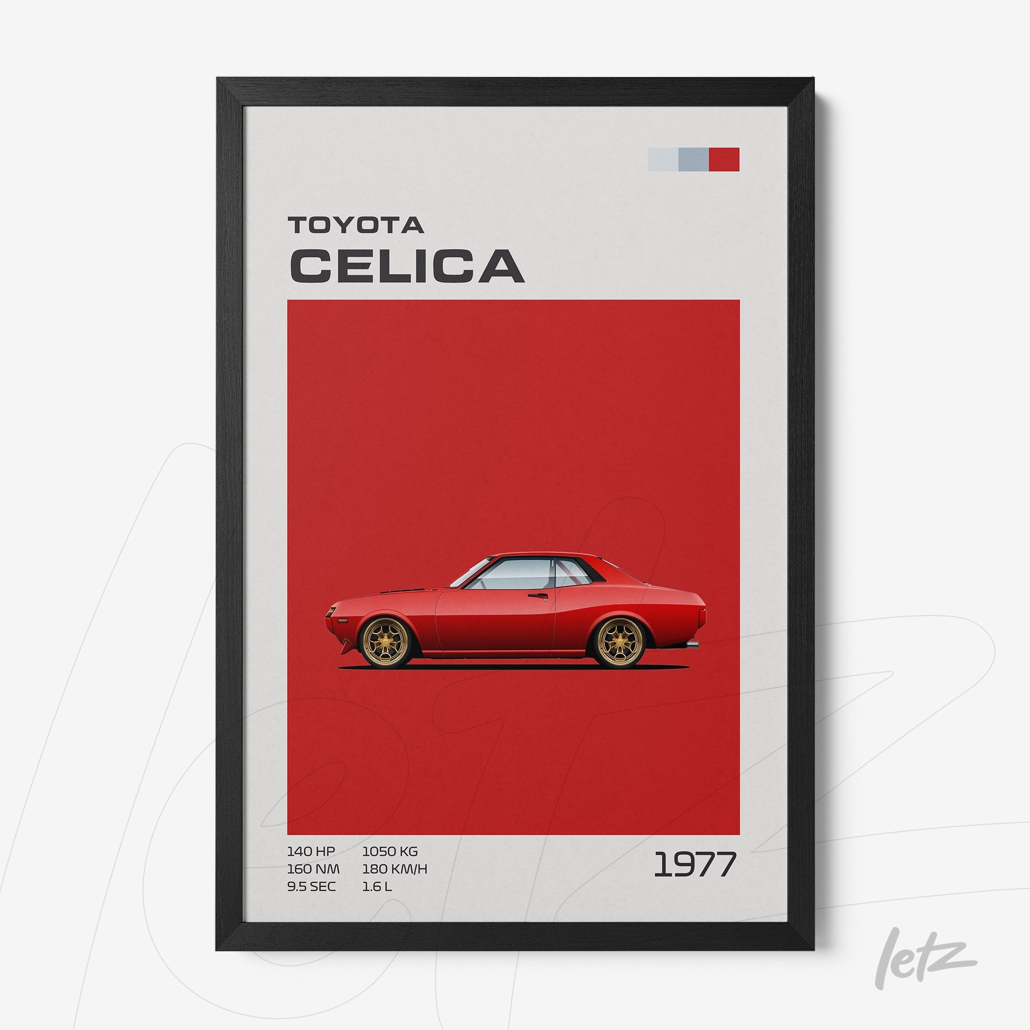 retro wall art featuring a 1977 Toyota Celica on a red background with a black frame
