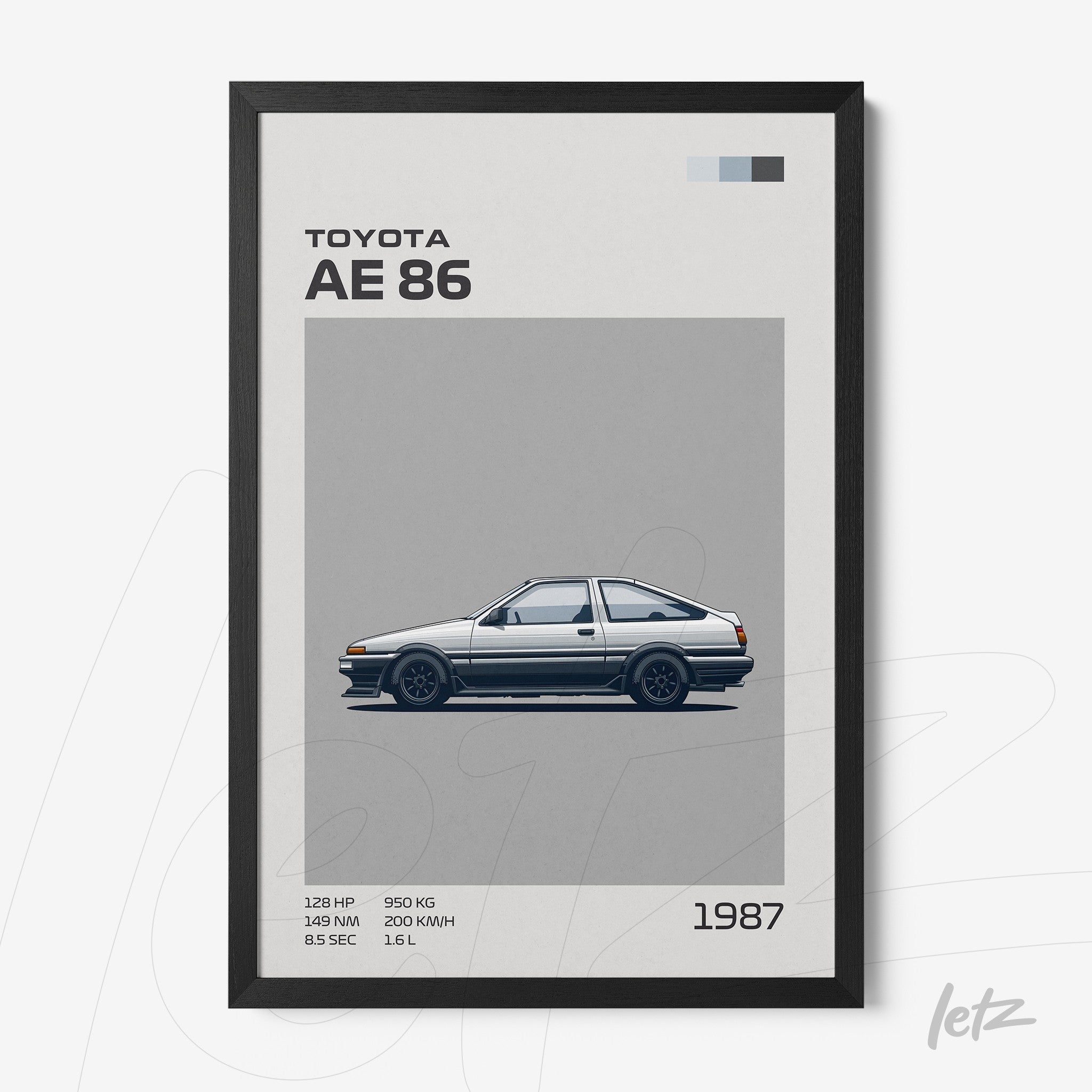 framed graphic art of Toyota AE 86 car with gray background and technical specifications displayed
