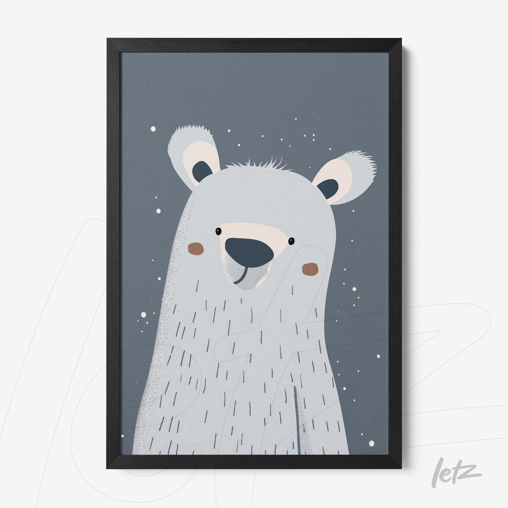 stylized art of a smiling polar bear in a black frame with a grayish blue background and dotted details